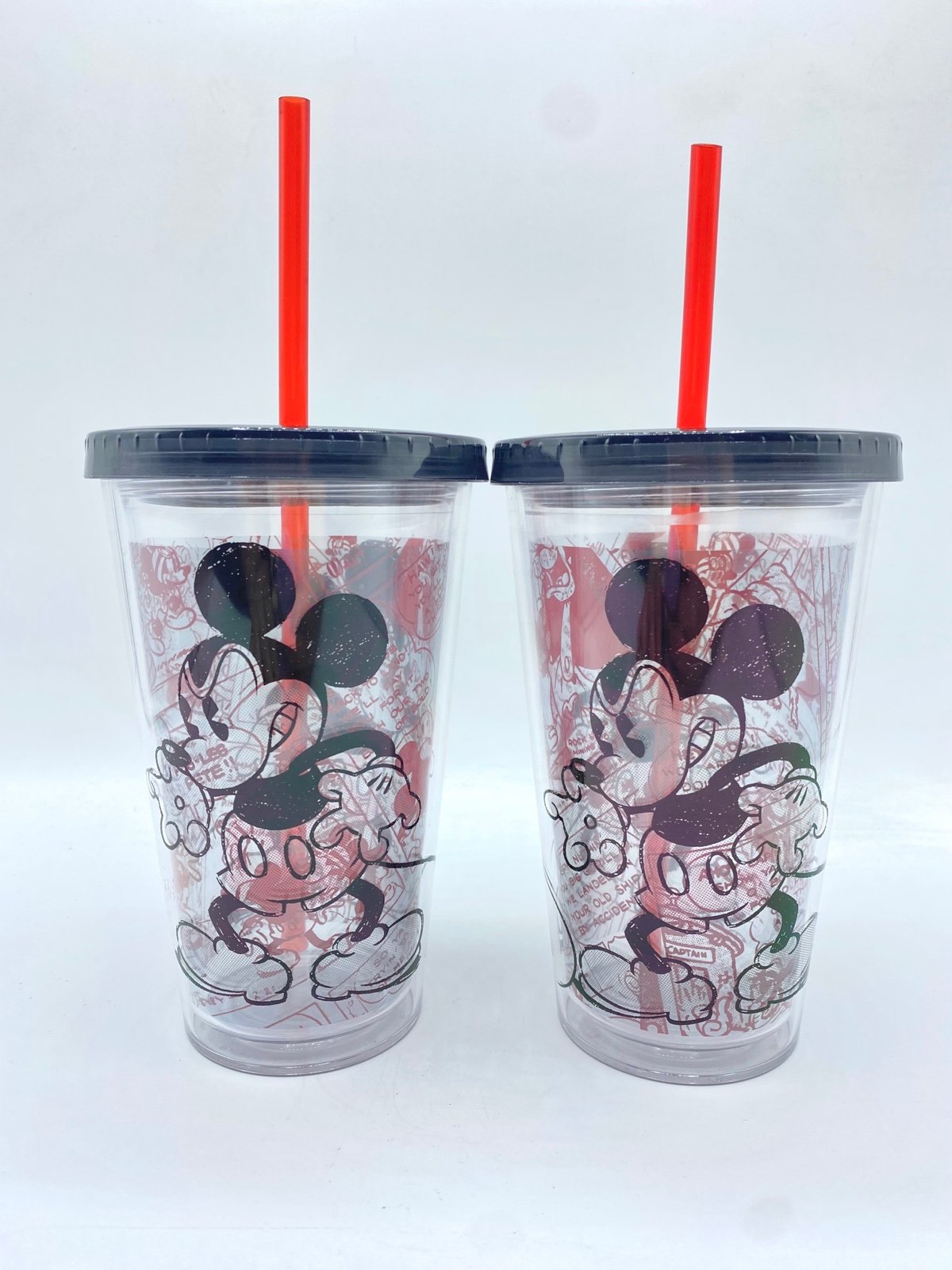(2) Disney Store Mickey Mouse Drawing Red/Black Angry Mickey Tumbler w/Red Straw