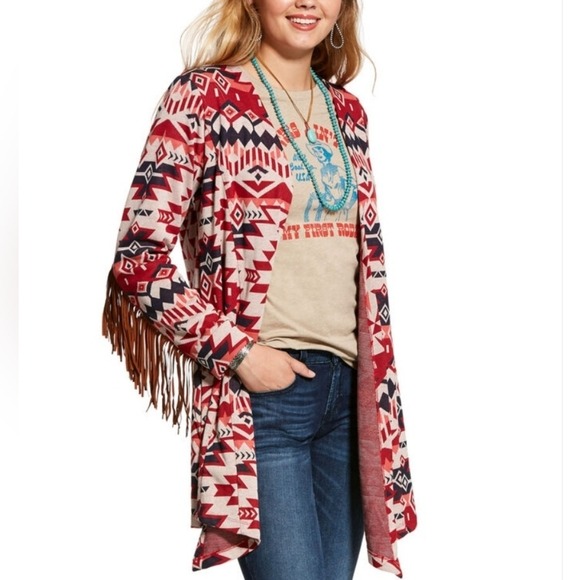 ARIAT Aztec Jacquard Southwestern Faux Leather Fringe Open Cardigan Sweater Top