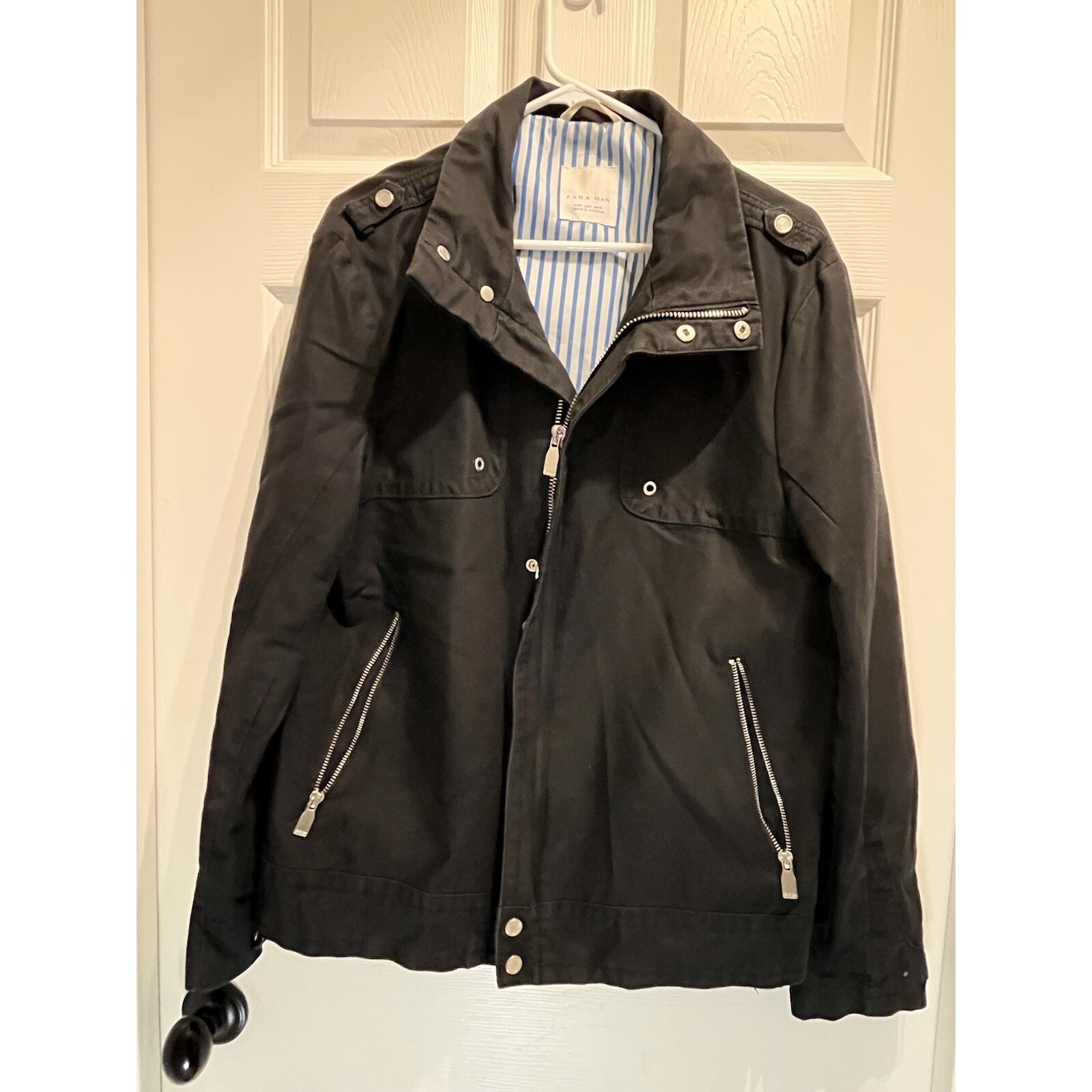 NWOT Zara Men's Lightweight Canvas Utility Jacket Size XL Black Zippers Pockets
