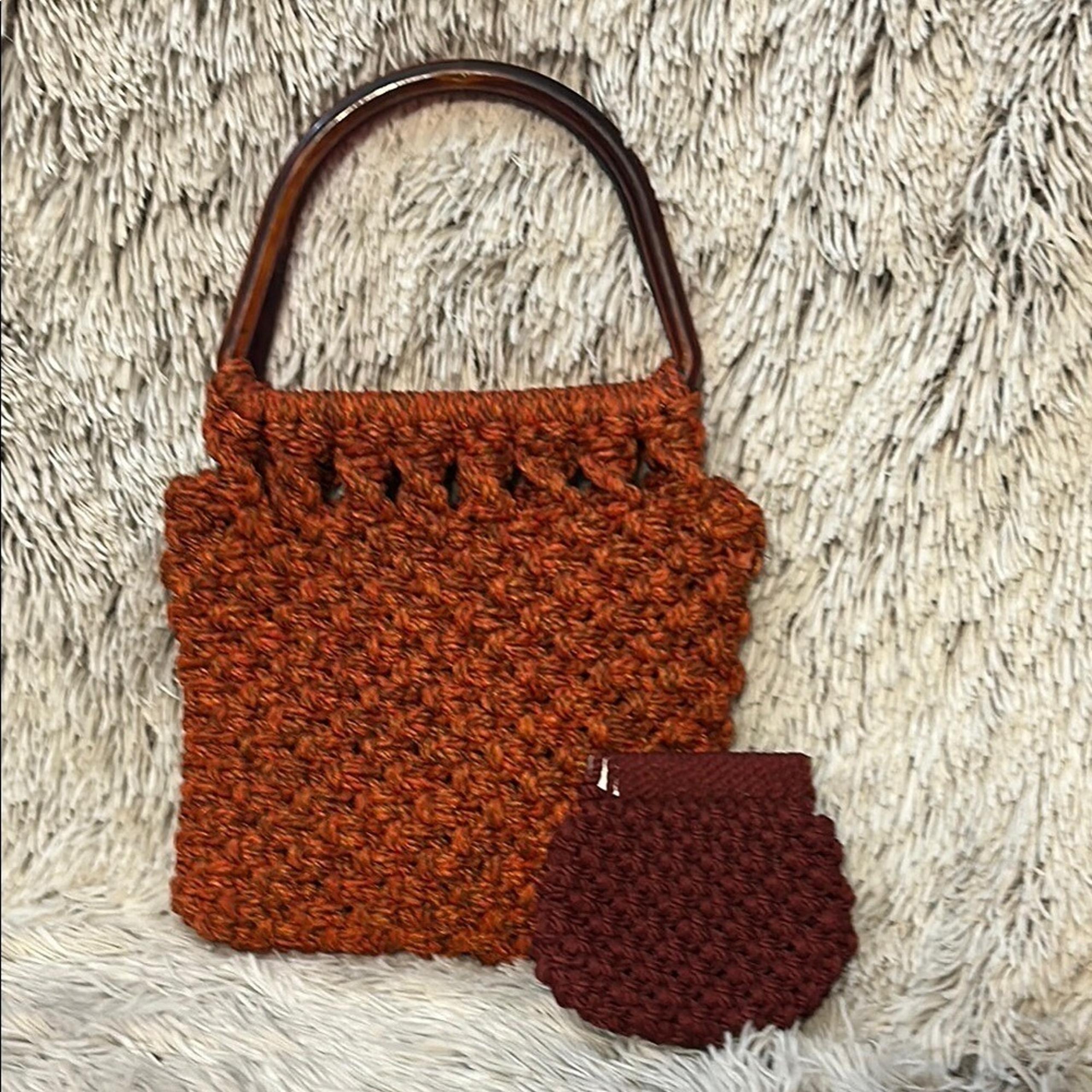 Vintage Macrame Handbag Set Plastic Handles Open Weave Orange Change Purse Retro