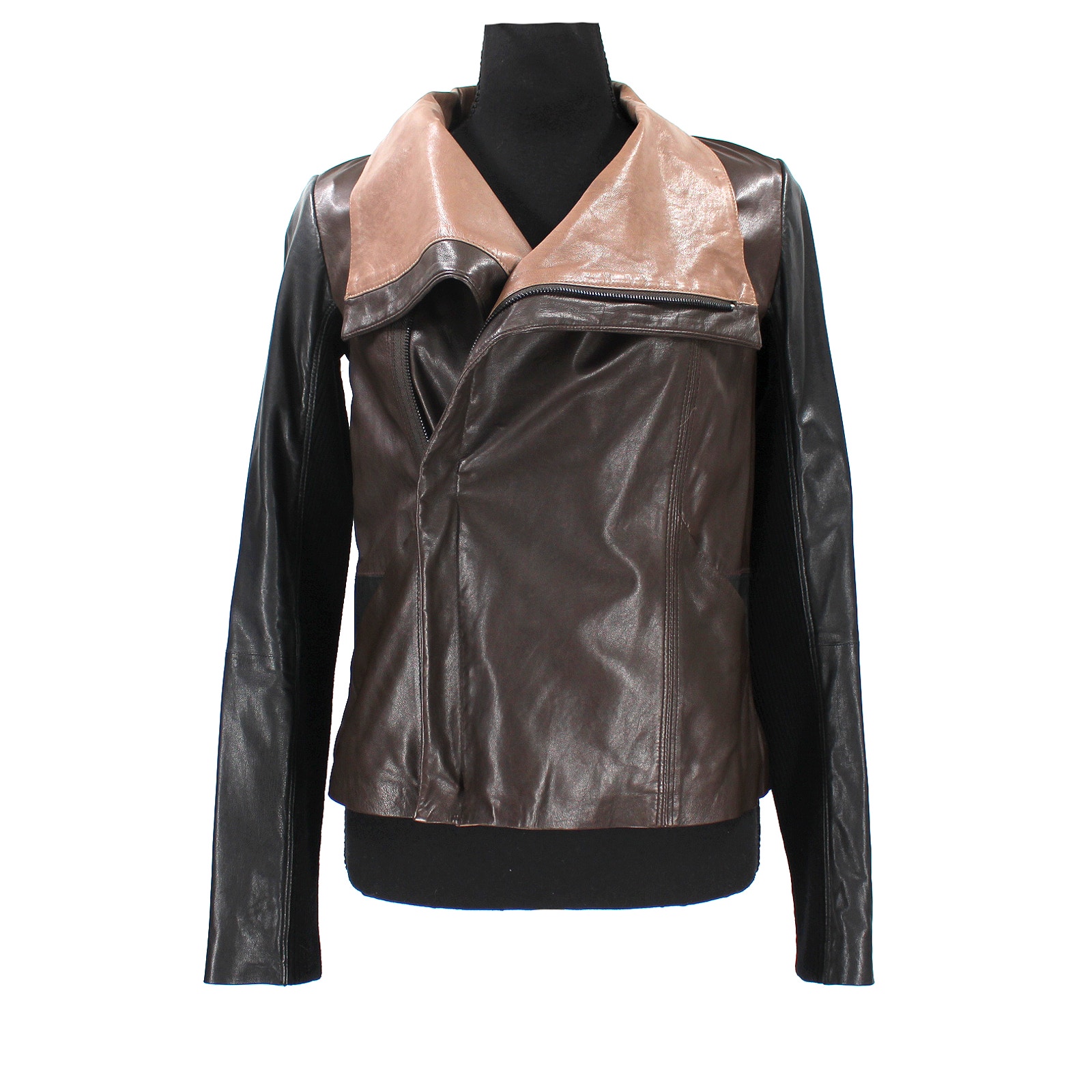 Vince Colorblock Leather Jacket Brown Black Dual Zip Long Sleeve Collared XS