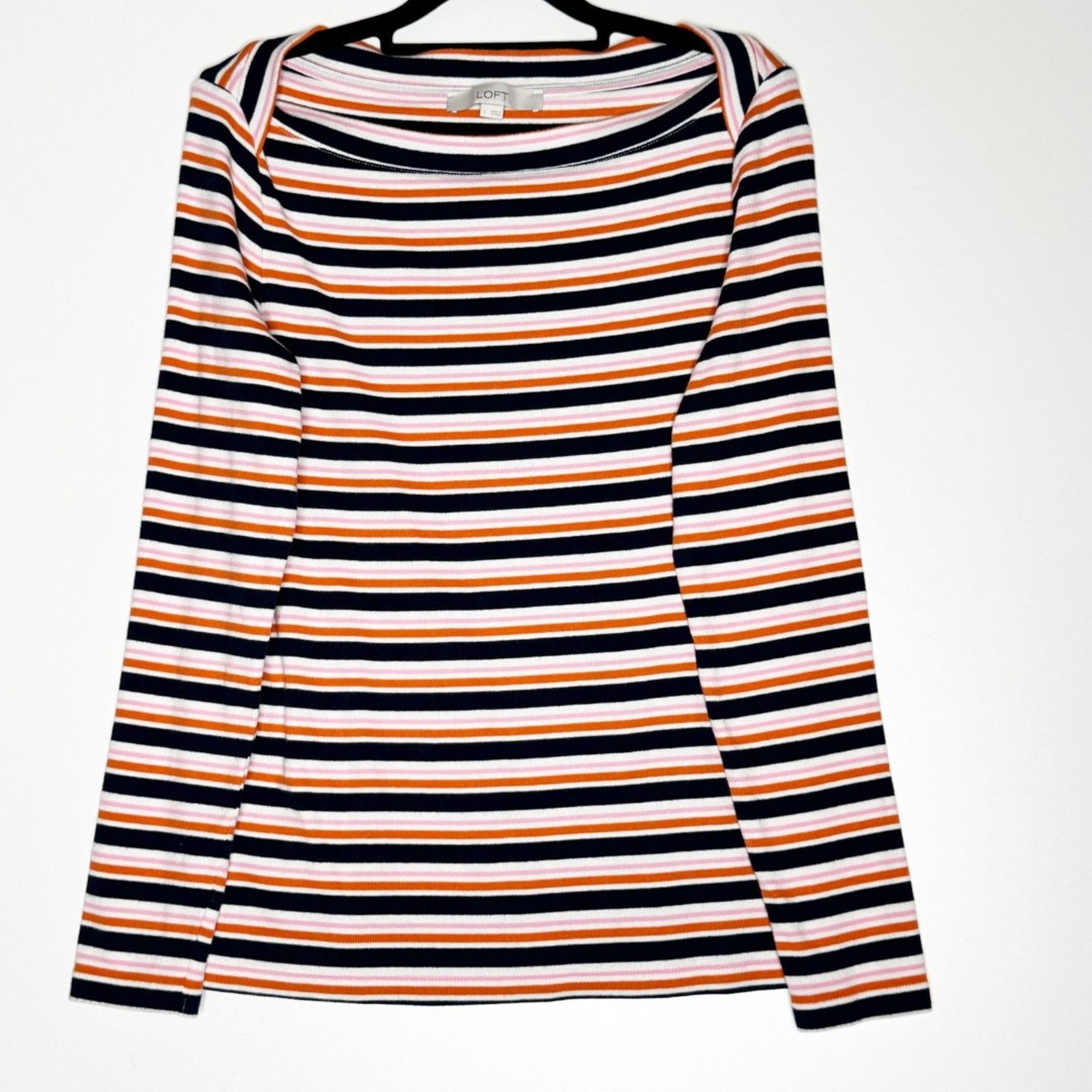 LOFT 2022 Stripe Ribbed Boatneck Long Sleeve Ribbed Tee Women's Size Large