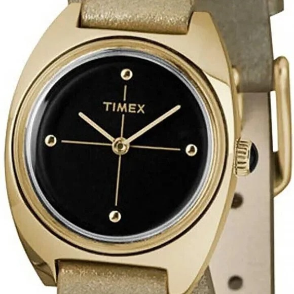 159 MSRP~ Timex Milano Women's Black Analog Steel Watch Gold-Tone Leather Strap