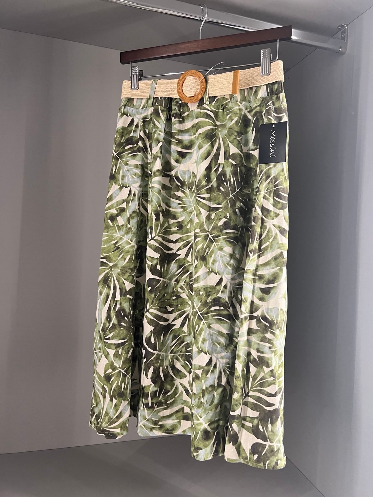Messini 100% organic linen knee high skirt floral palm leaves