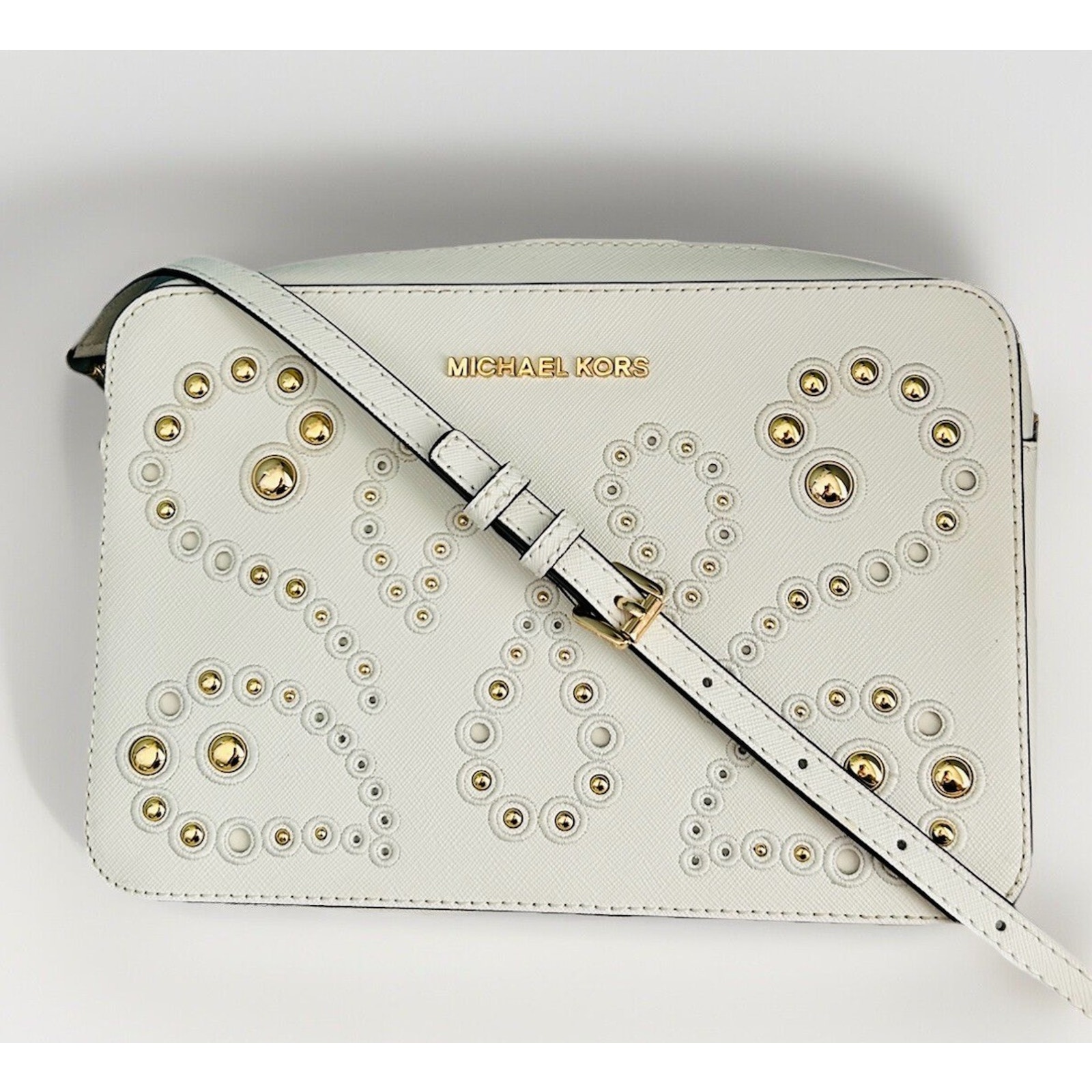 New Michael Kors Ginny Leather Crossbody White Embellished Gold Studded Bag