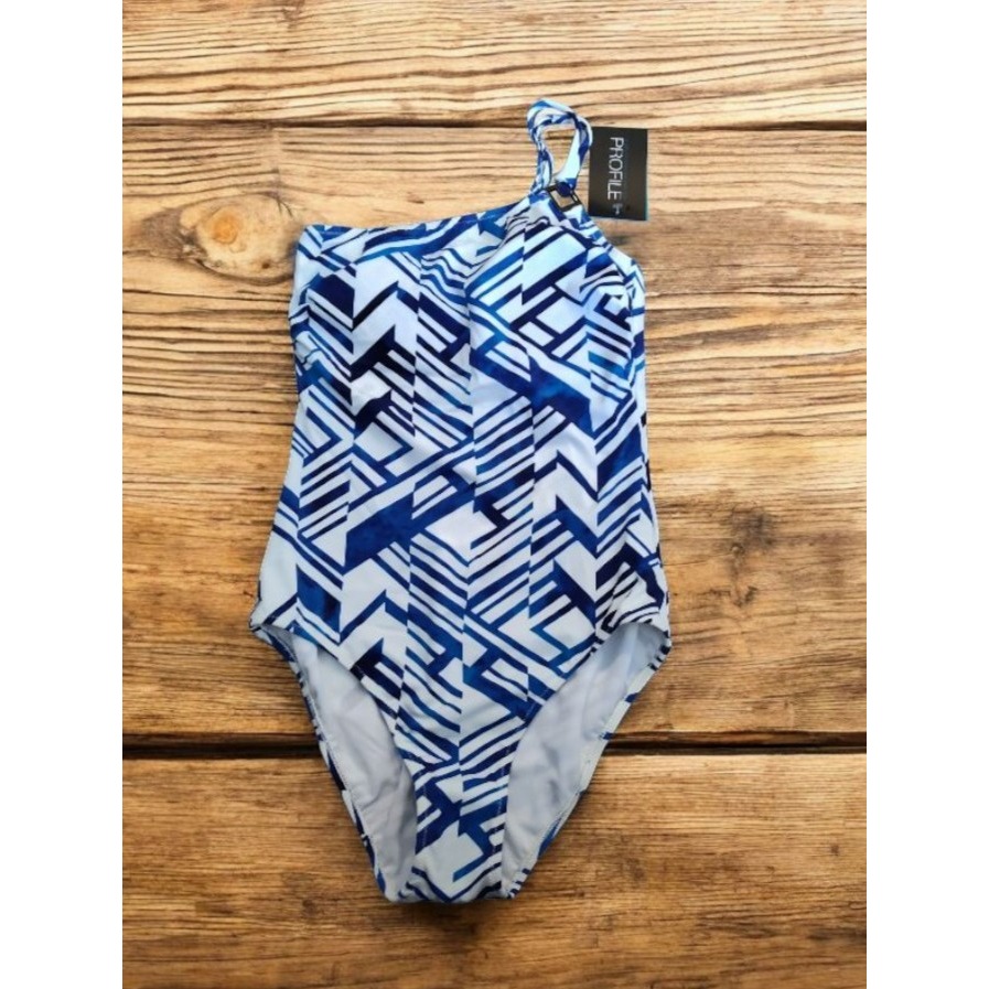 Profile by Gottex Blue White Abstract One Piece Swimsuit SZ 10 One Shoulder NWT