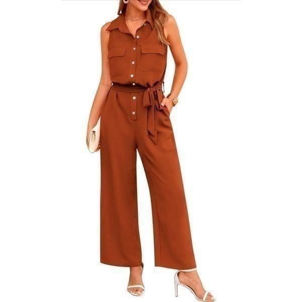 NEW Jumpsuit Dressy Casual Sleeveless Button Up Belted L