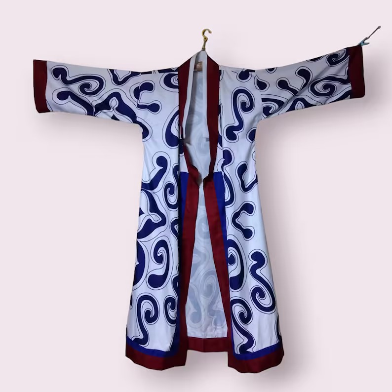 ainu pattern kimono with obi belt