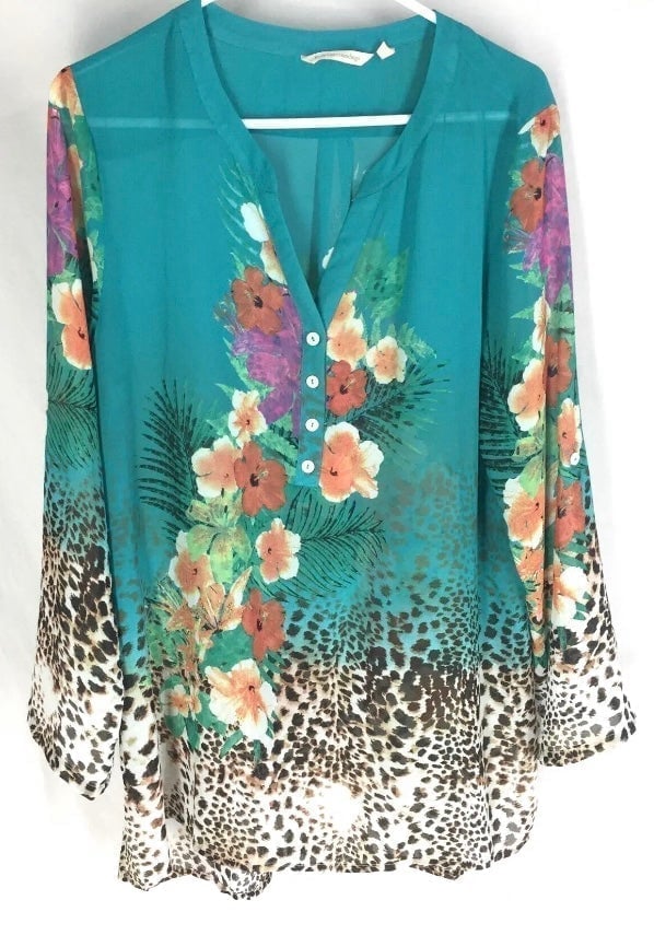 Soft Surroundings Tropical Multicolor Lightweight Sheer Long Sleeve Tunic. L