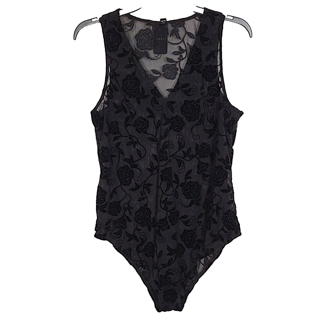 Torrid Sheer Black Mesh Velvet Flocked Sleeveless Bodysuit Plus Size 1X