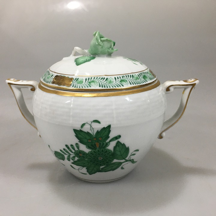 Herend Chinese Bouquet Green Sugar Bowl Rose Lid Apponyi Flowers Porcelain Vint