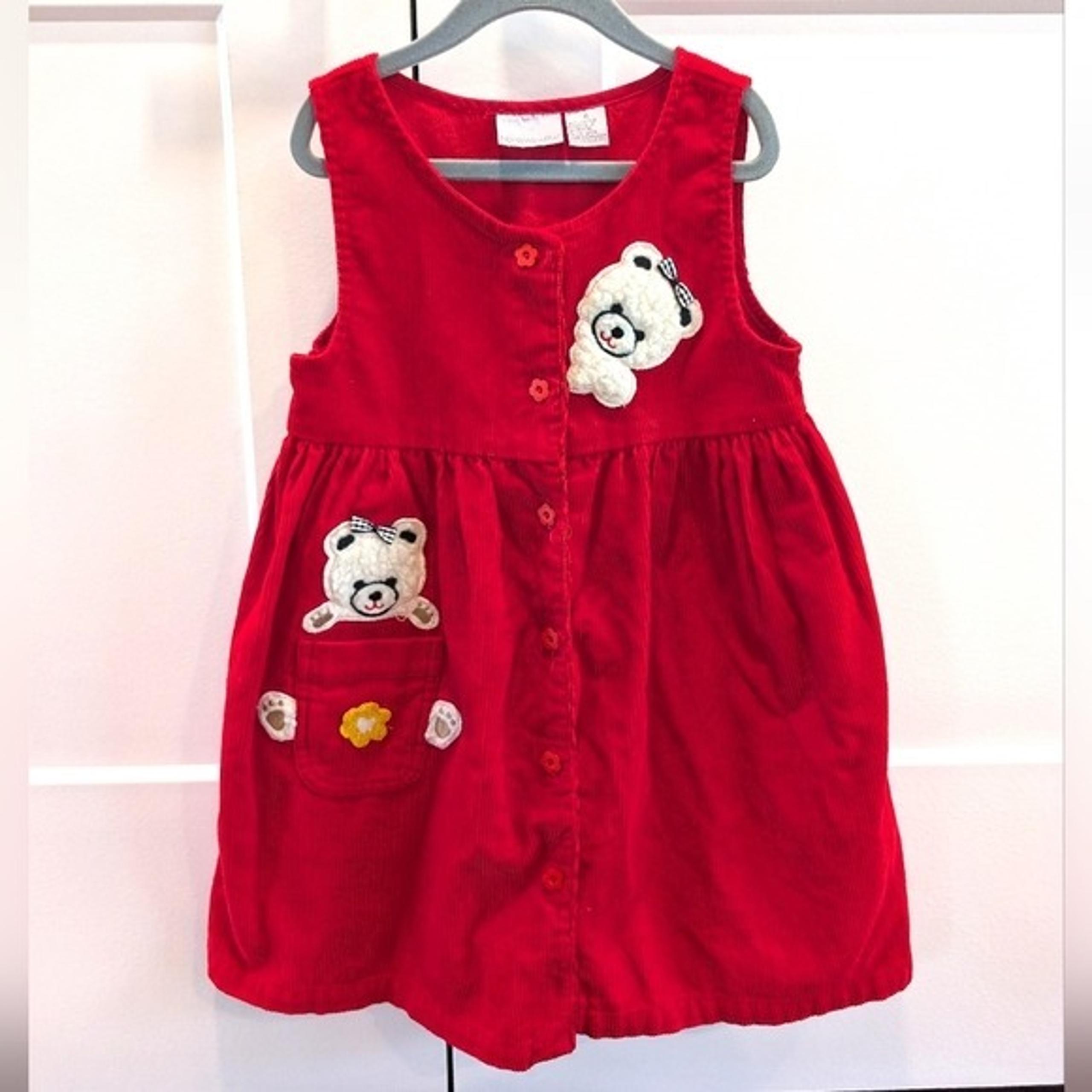 VINTAGE Red Corduroy Button Front Jumper Overall Dress with Bear Appliqué Size 6