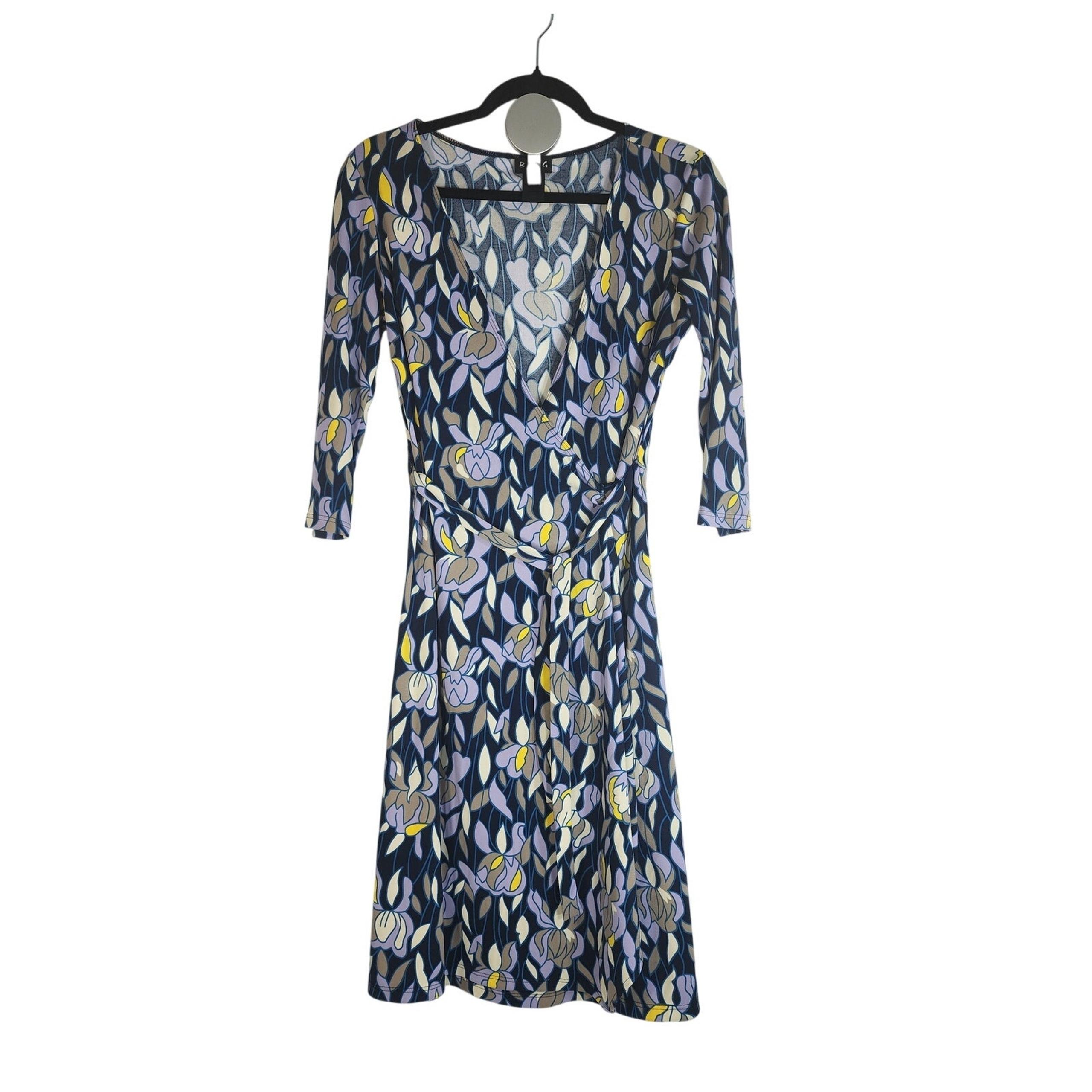 BCBG Paris Women's Floral Wrap Tie Waist Belt V-Neck 3/4 Sleeve Dress Size Small