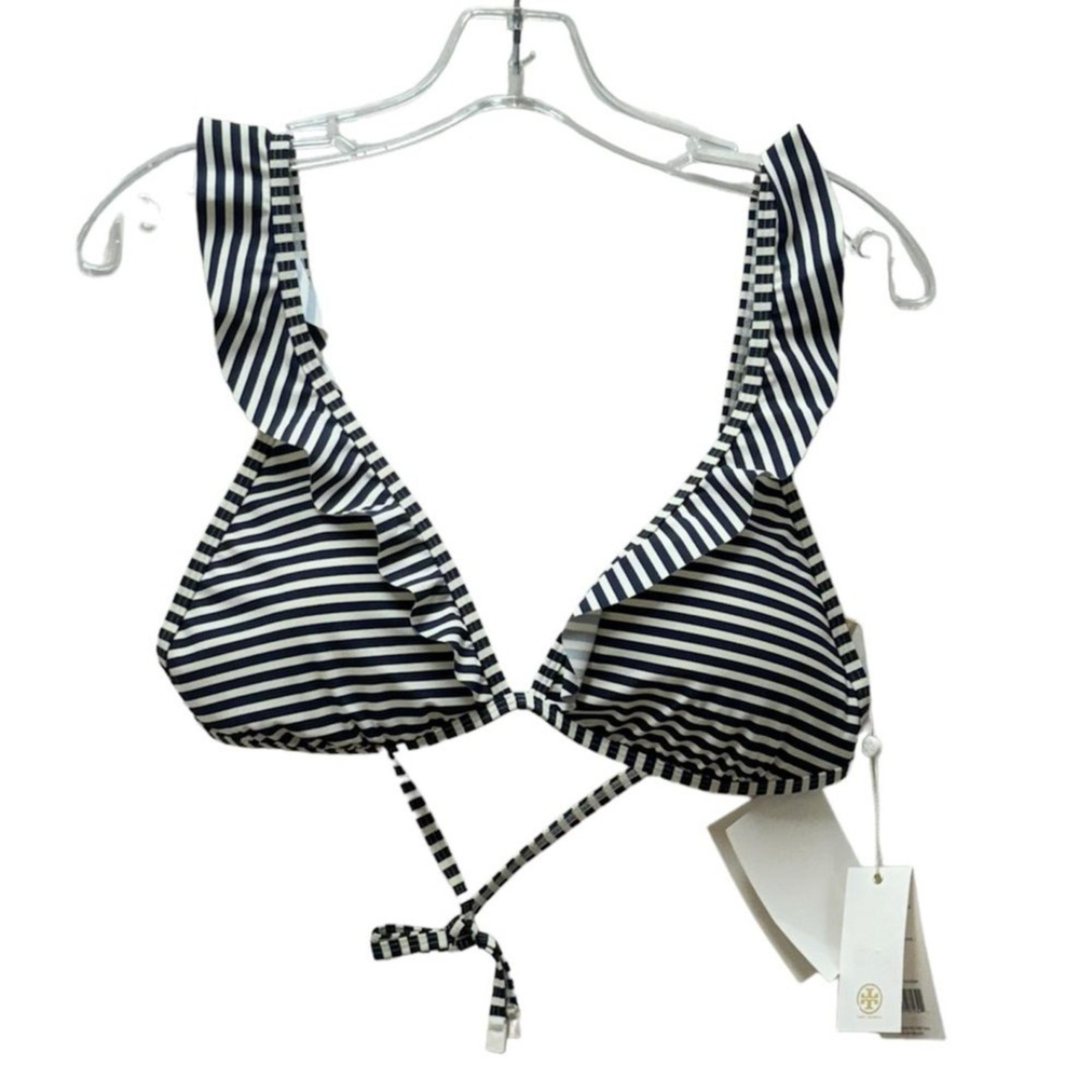 Tory Burch Navy Striped Ruffle Triangle Bikini Swim String Top Womens XL NEW