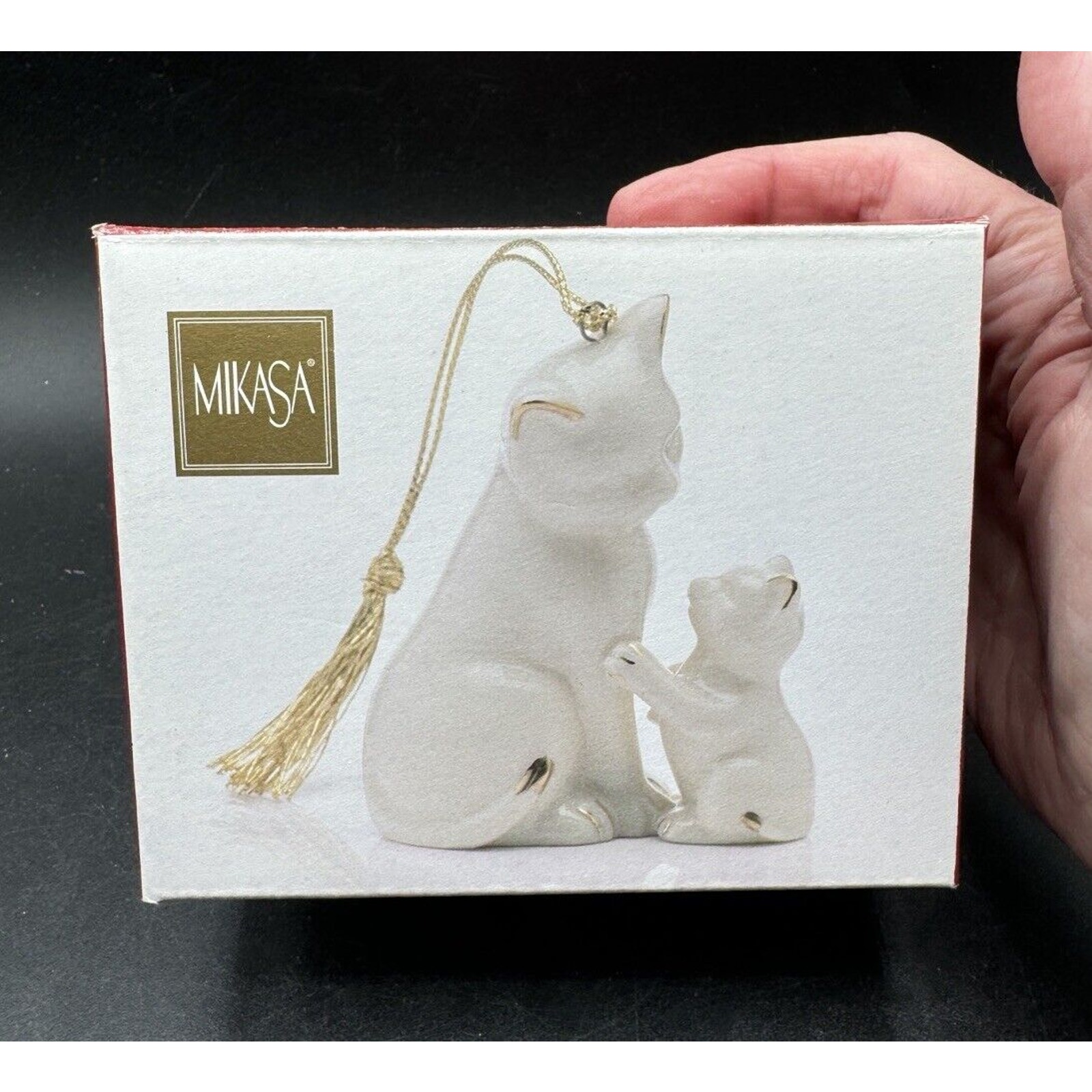 Mikasa Holiday Magic White Gold Trim Cat & Kitten Christmas Ornament MIB -4D