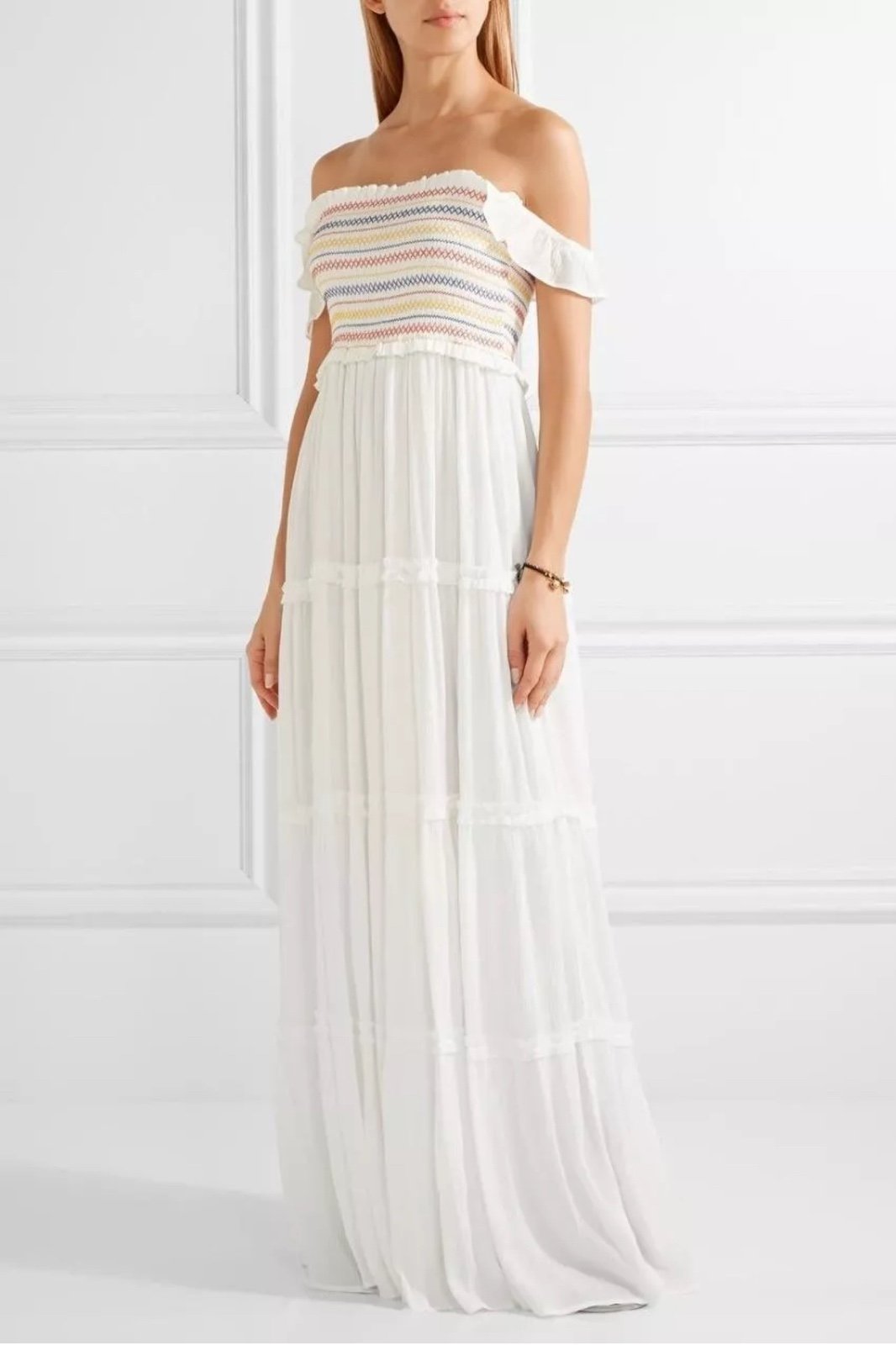 Women’s Tory Burch Tiered Smocked Rainbow Striped Off-White Maxi Dress Small