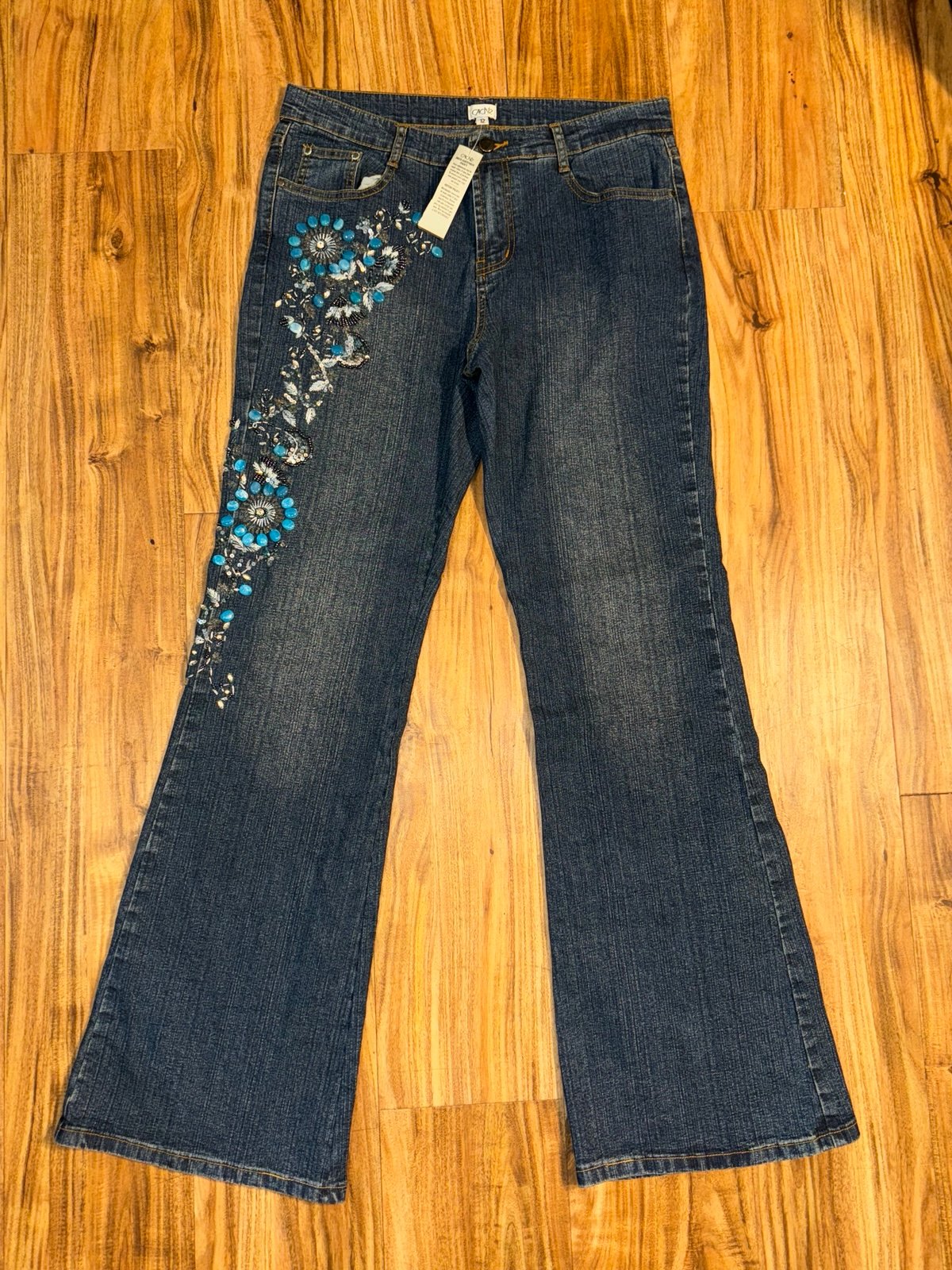 Vintage Y2K Cache Jeans Women’s Size 8 Distressed Bootcut Embroidered Turquoise