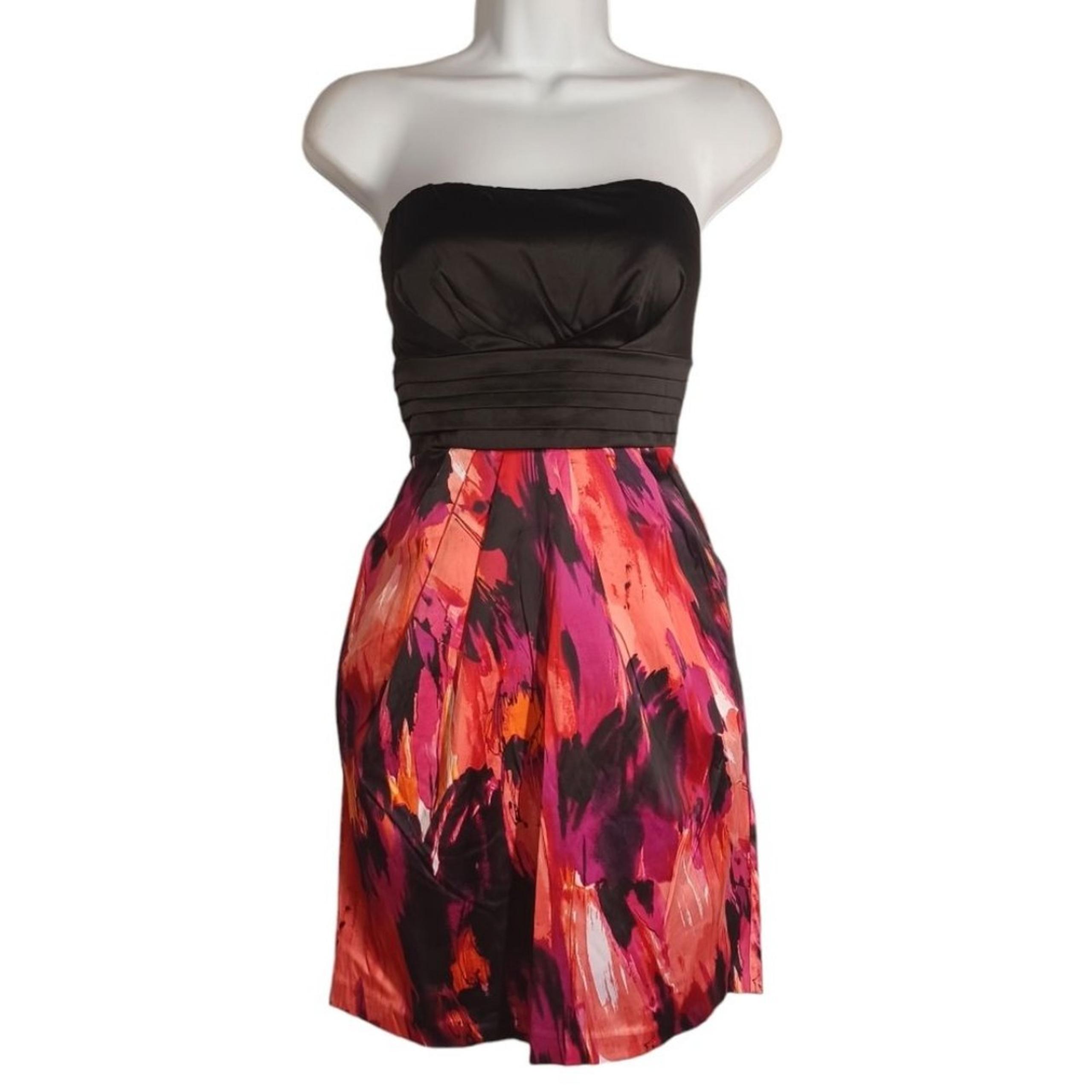 SNAP Pink Peach Brush Colorful Print Black Pleated Strapless Cocktail Dress 9