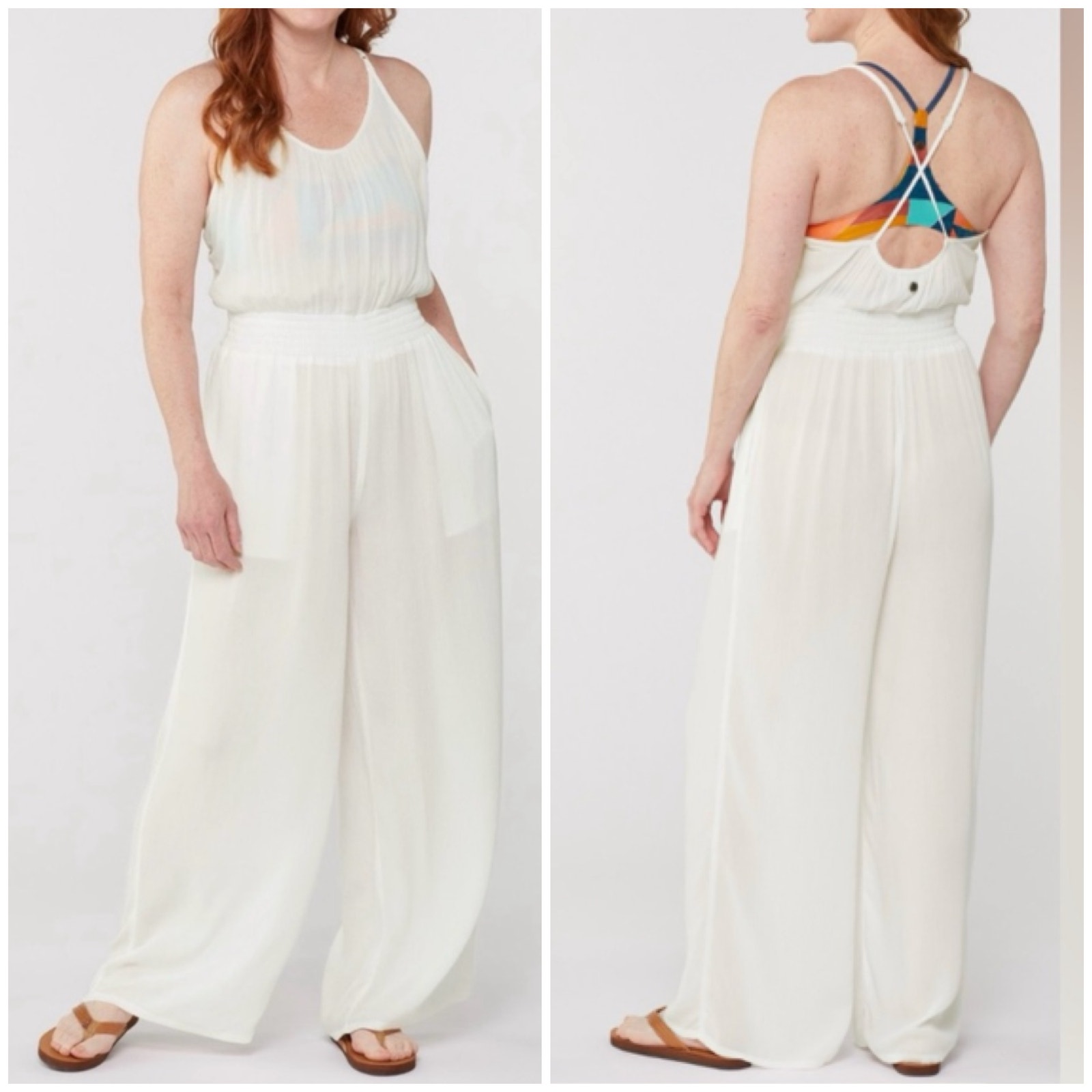 Prana Fernie Wide Leg Jumpsuit Women's L White Crinkle Romper Swim Coverup Beach