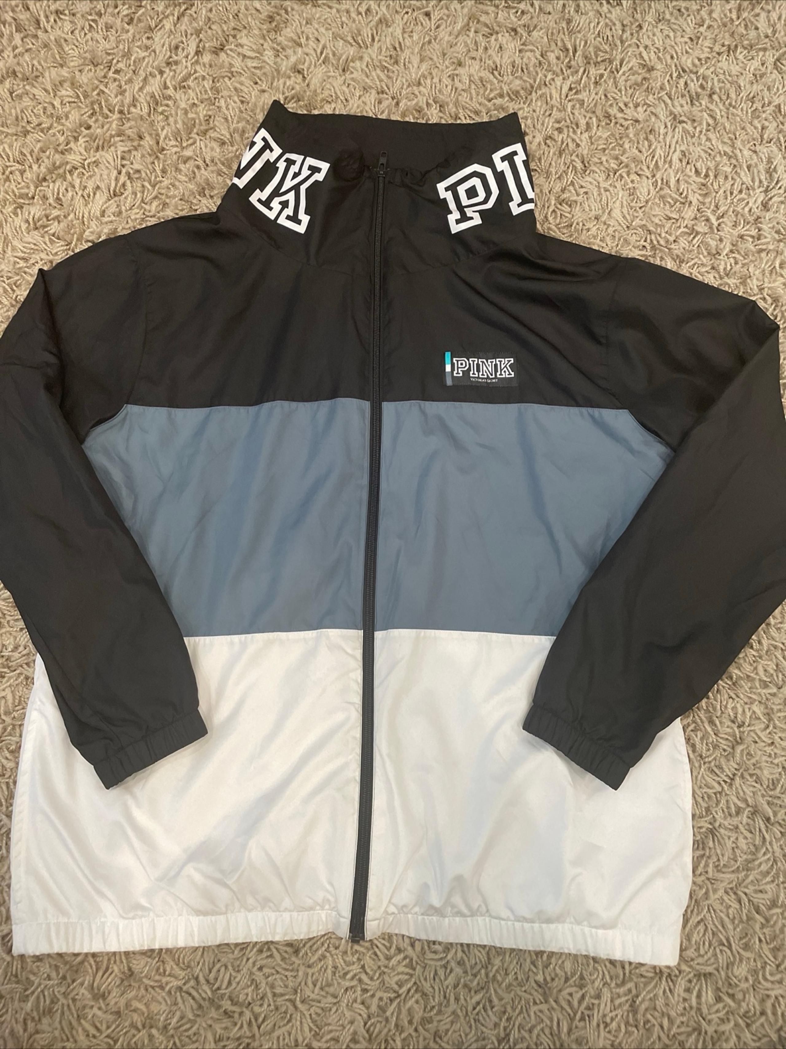 Victoria Secret Pink Gray/Black Windbreaker Jacket Logo Waterproof Women’s M/L