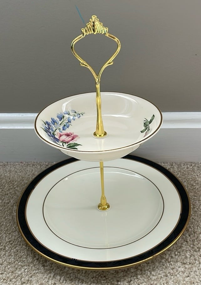 Two Tiered Jewelry Tidbit Cheese Tray Vintage CAMWOOD Ivory 22 Carat Gold Bowl