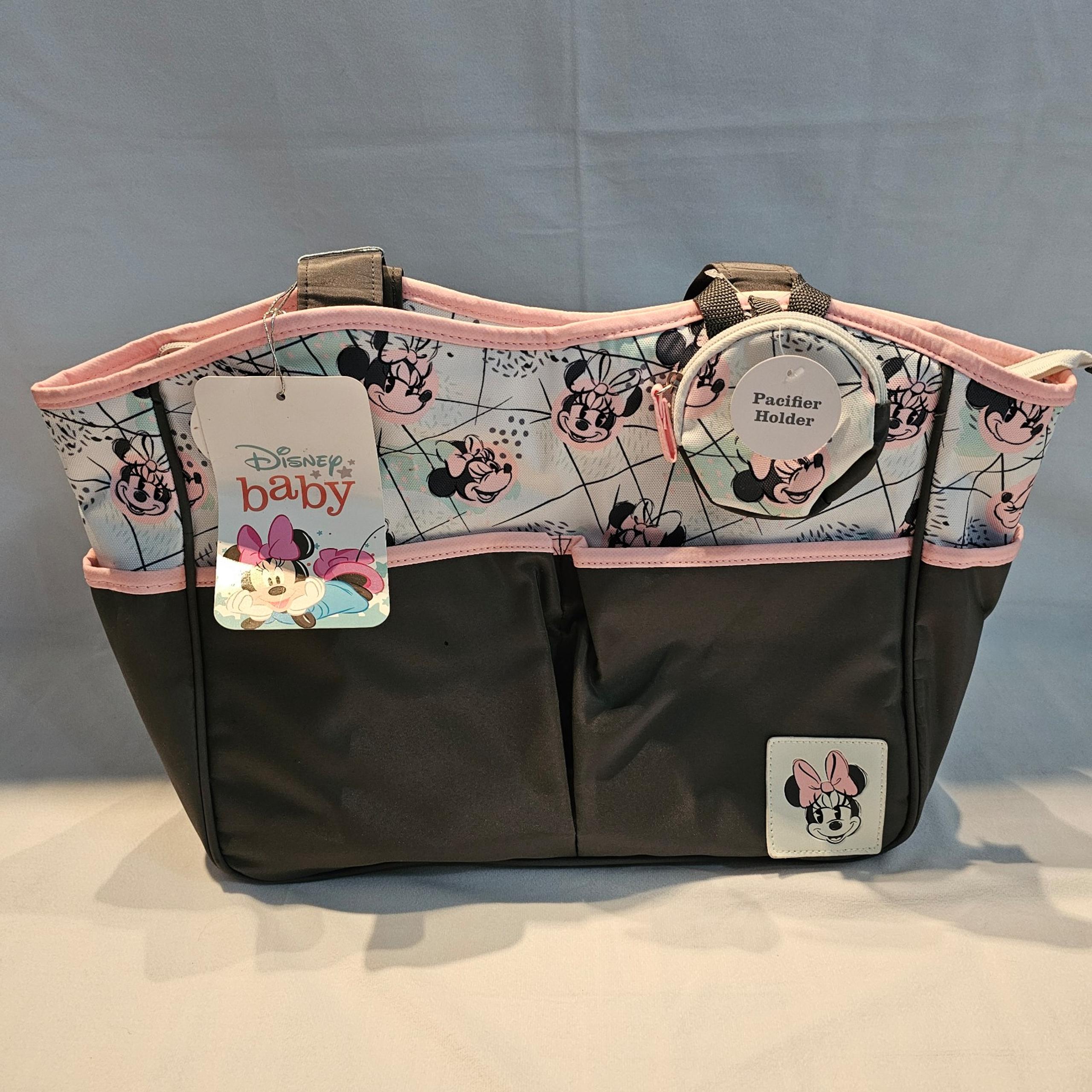 NWT Disney Baby Minnie Mouse Diaper Bag Set Pink & Gray Missing Bottle Holder
