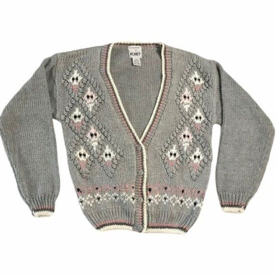 Vintage Cardigan Cottagecore Koret Sweater Soft Small Grey Gray White Pink