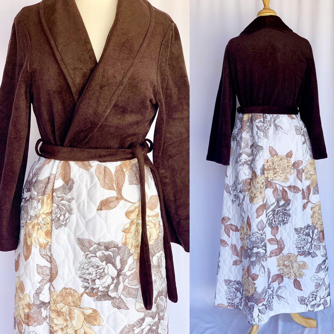 70s Quilted Neutral Floral Robe