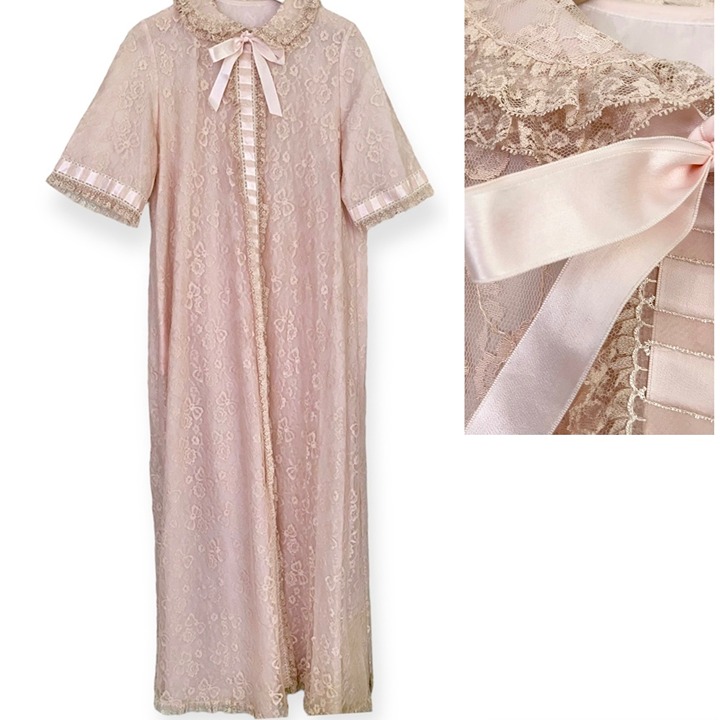 [L] Vintage MCM Odette Barsa Lacy Pink Peignoir Robe With Satin & Lace Trim