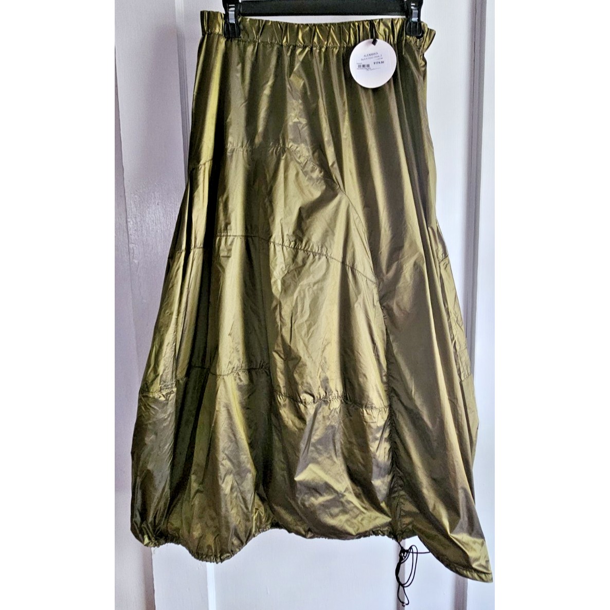 NWT ALEMBIKA metallic olive nylon skirt tiered cinched bubble hem Sz 3 ( US 12)