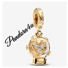 Pandora Heart Snowflake Snow Globe Gold-Plated Dangle Charm NeW Tags Gift Box