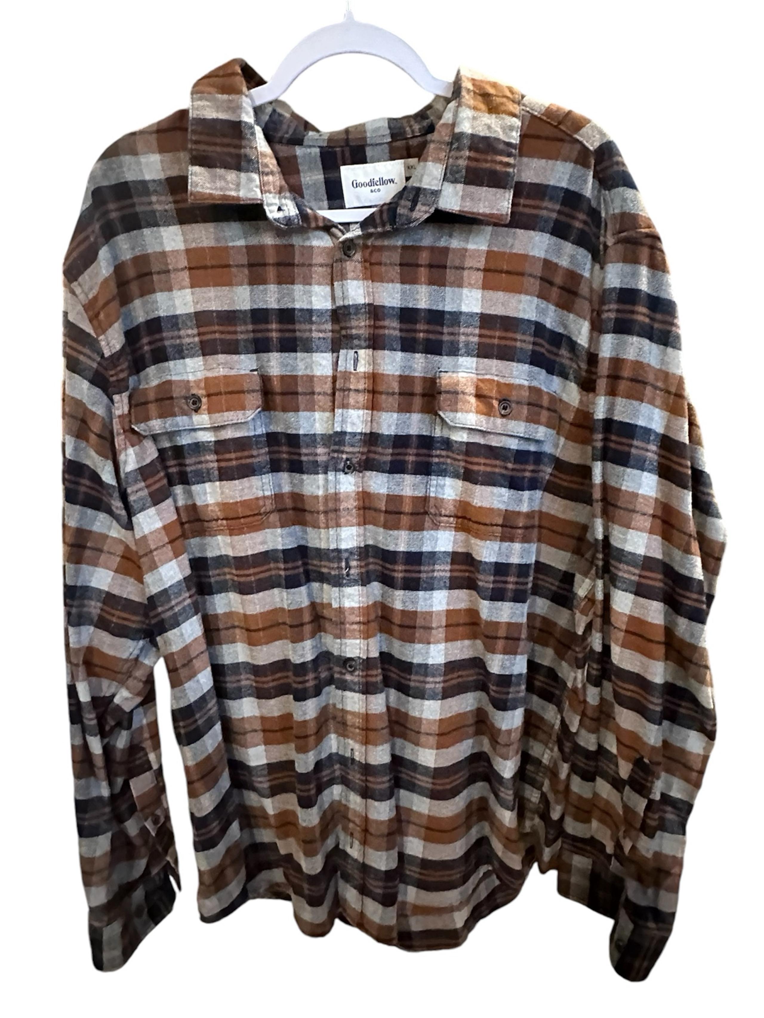 Goodfellow & Co Mens XXL Blue and Rust Plaid Button Down Flannel Shirt