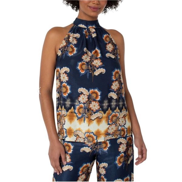 Liverpool Los Angeles Navy Floral Halter Neck Top Pants Matching Set Small 6