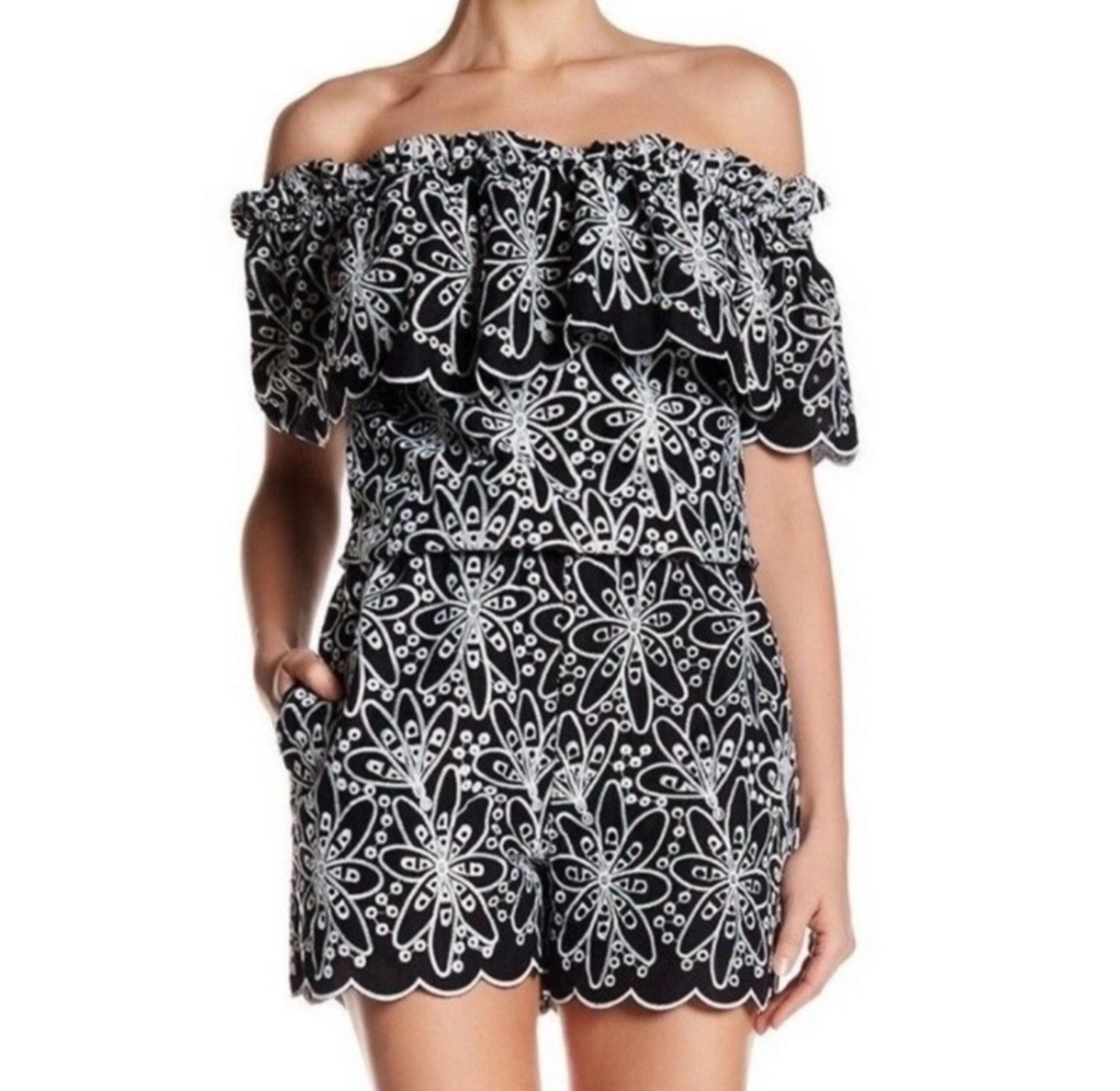 Laundry by Shelli Segal Black Embroidered Off Shoulder Romper