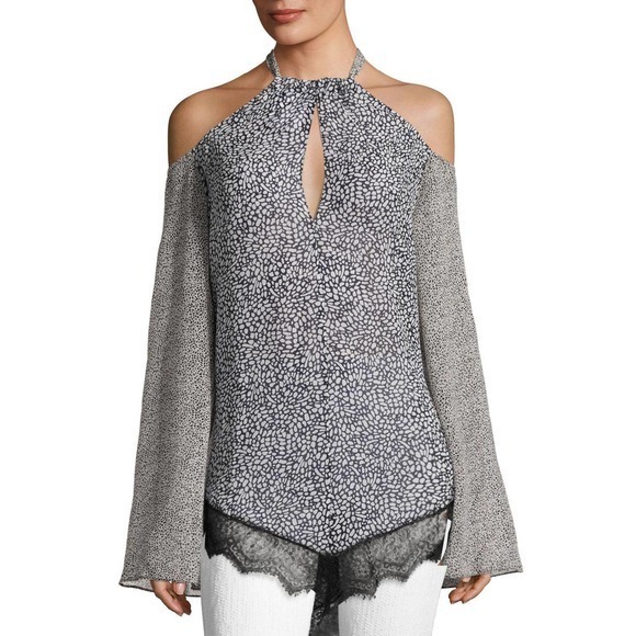 Derek Lam 10 Crosby Long Sleeve Cold-Shoulder Halter-Tie Printer Blouse Gray