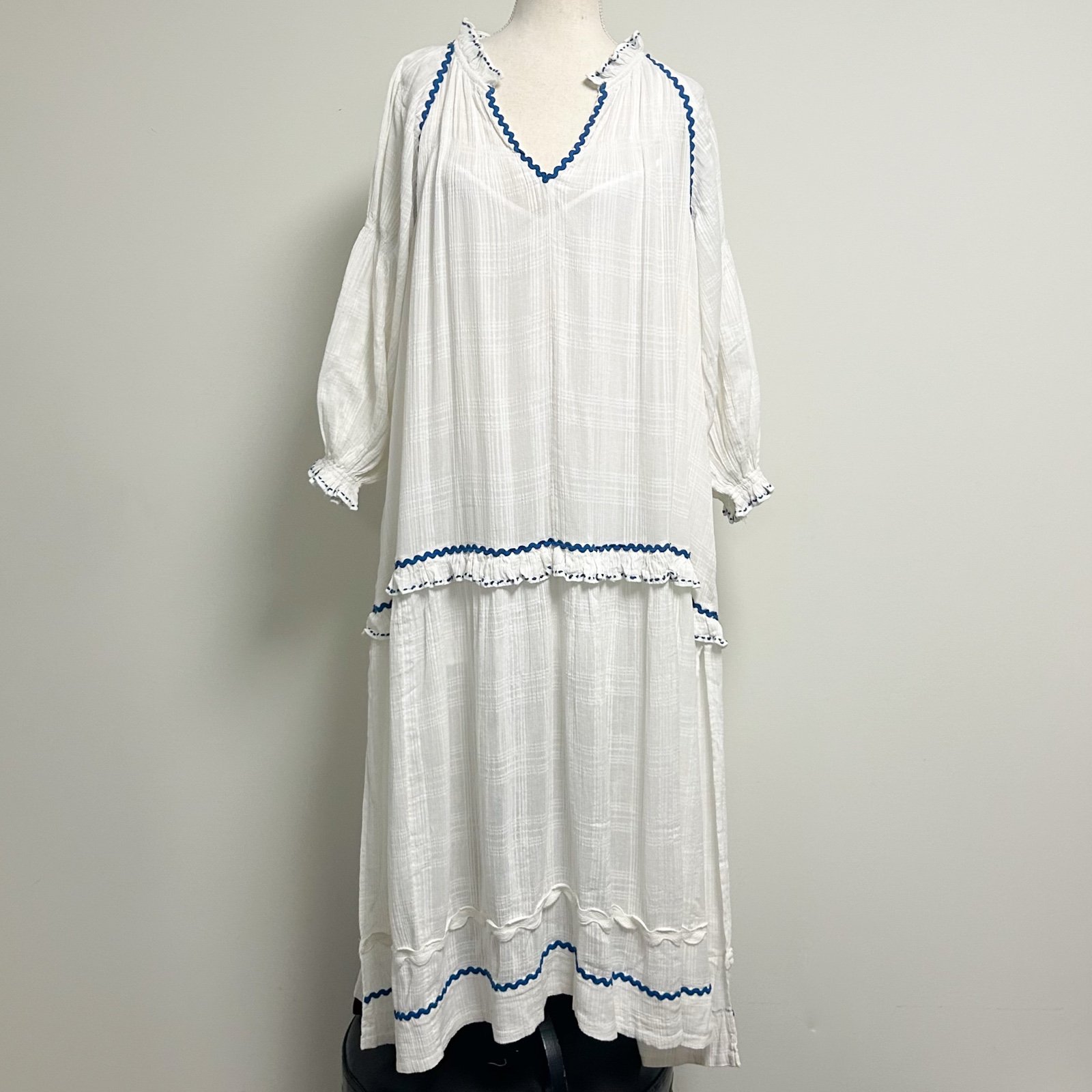 Free People White Blue Woven Thank Me Later Long Puff Sleeve Tiered Maxi Dress