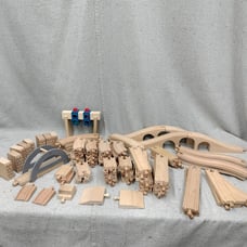 Huge Lot Wooden Railway Train Track 80+ Bridge Curved Straight Risers Switches