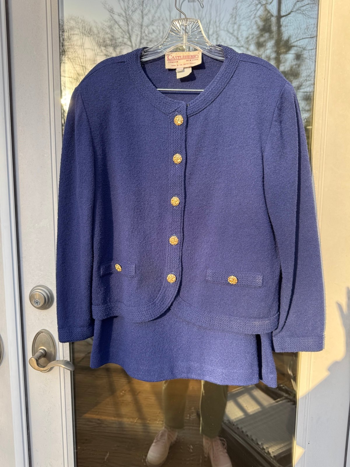Vintage Castleberry Knit- Blue Knit Skirt Suit w Gold Buttons