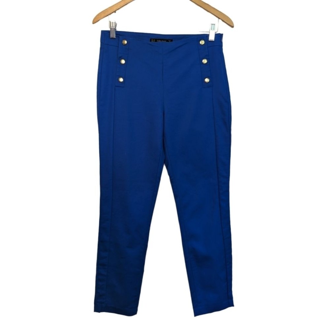 Zara Straight Leg Blue Sailor Pants Gold Buttons Size 6
