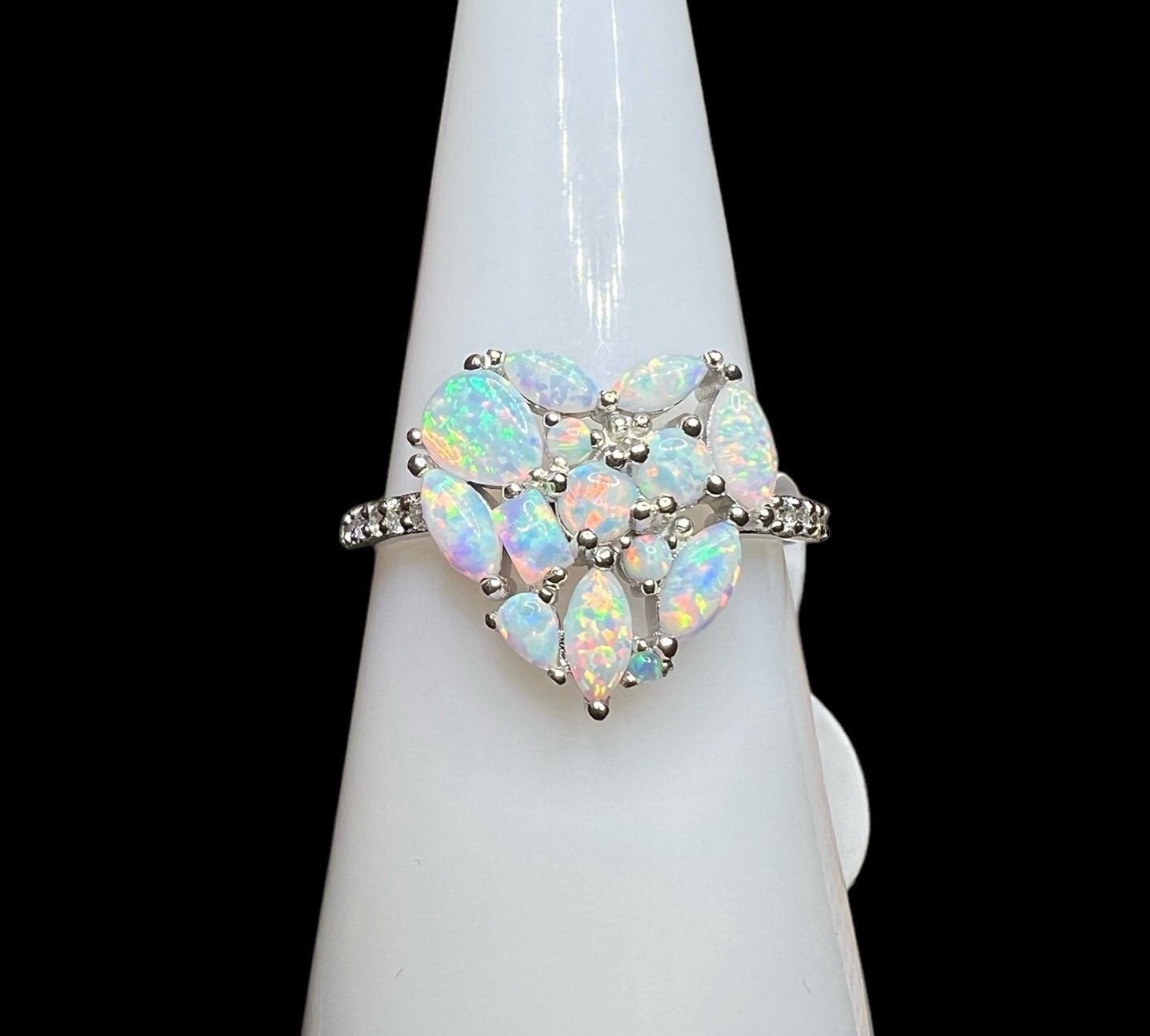 925 Sterling Silver White Fire Opal Heart Ring Size 9