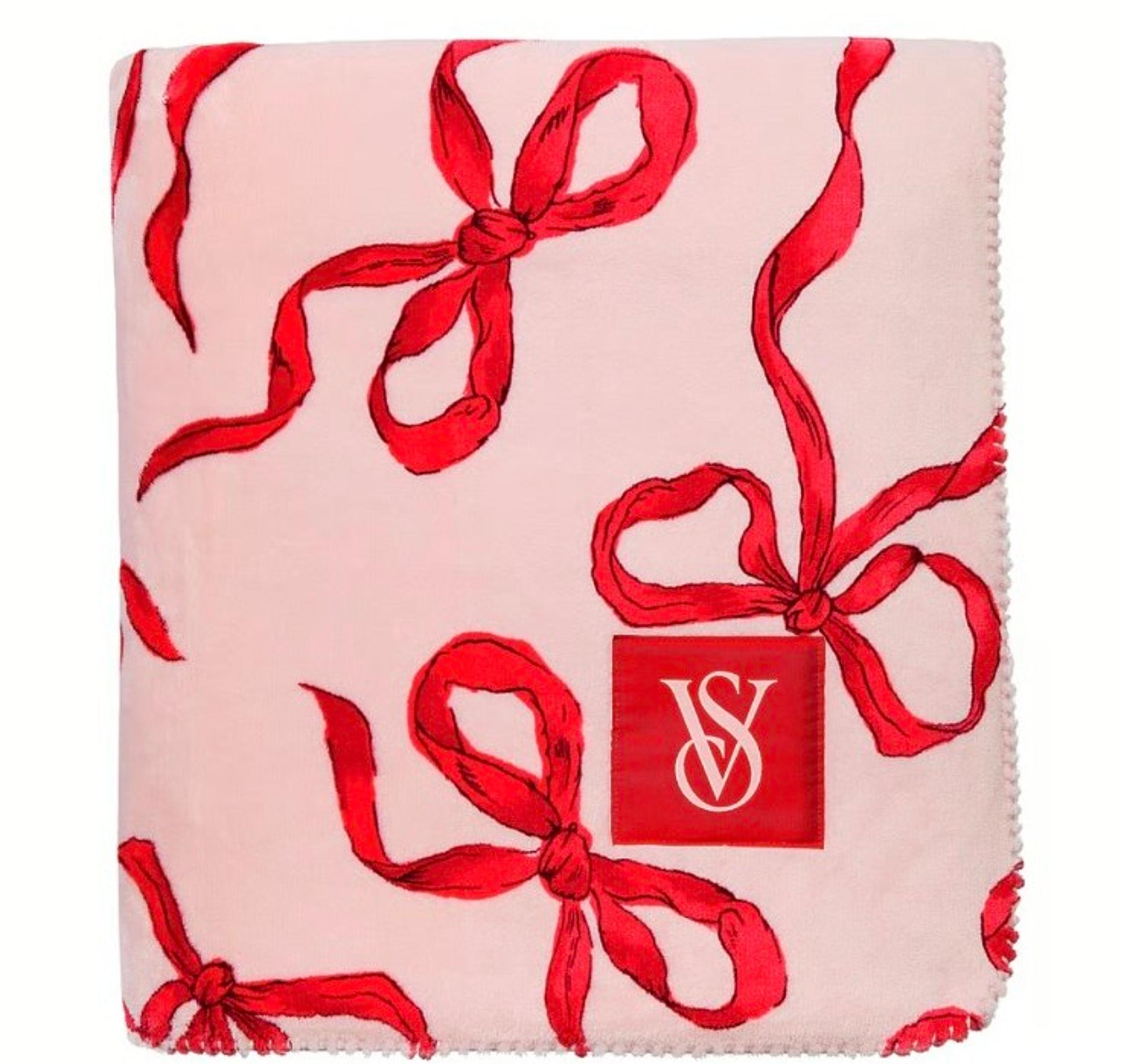 Victoria's Secret red and pink bow print fleece sherpa blanket nwt new #VS #flee