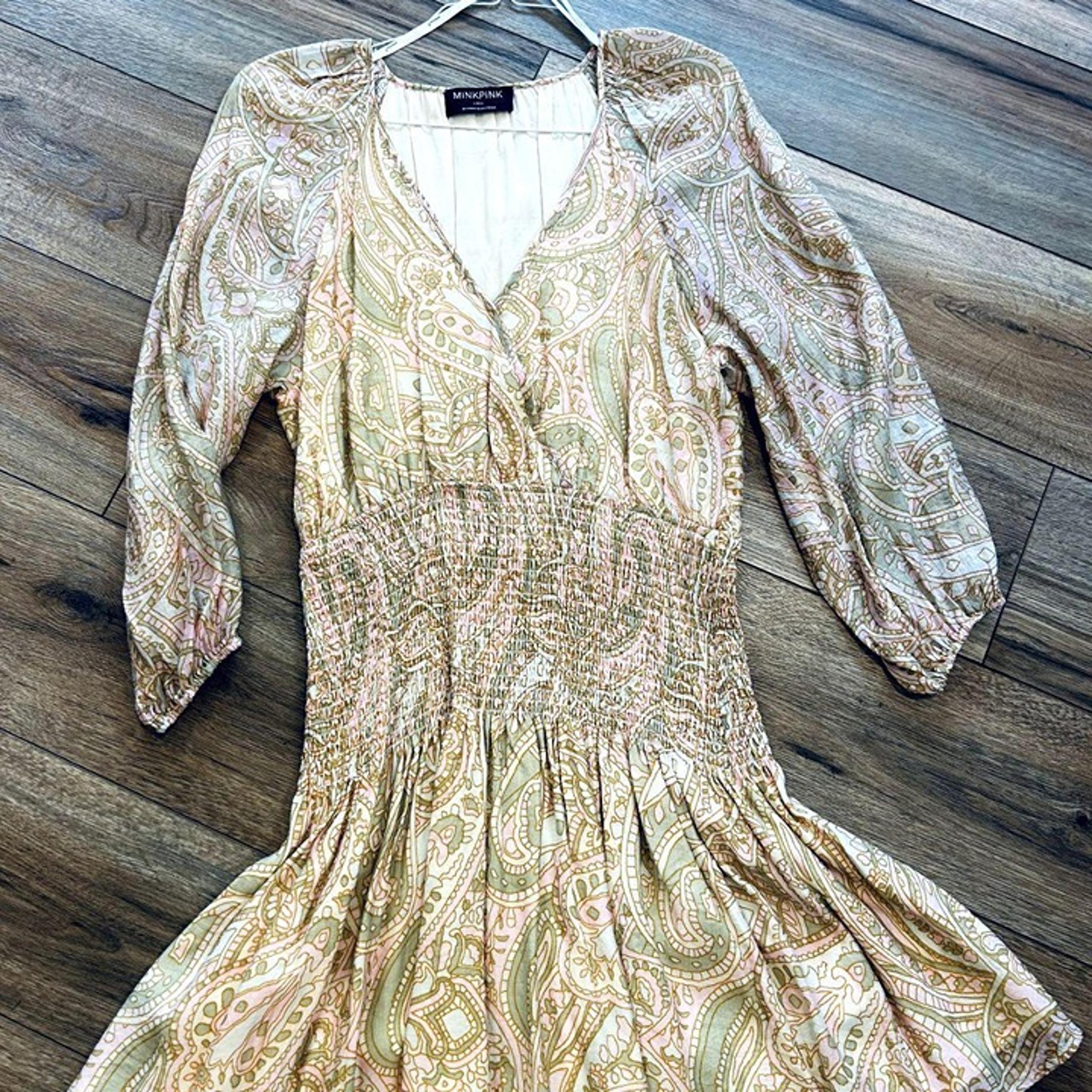 Minkpink Multicolor Floral Long Sleeve V-Neck Wrap Tiered Mini Dress L NWOT