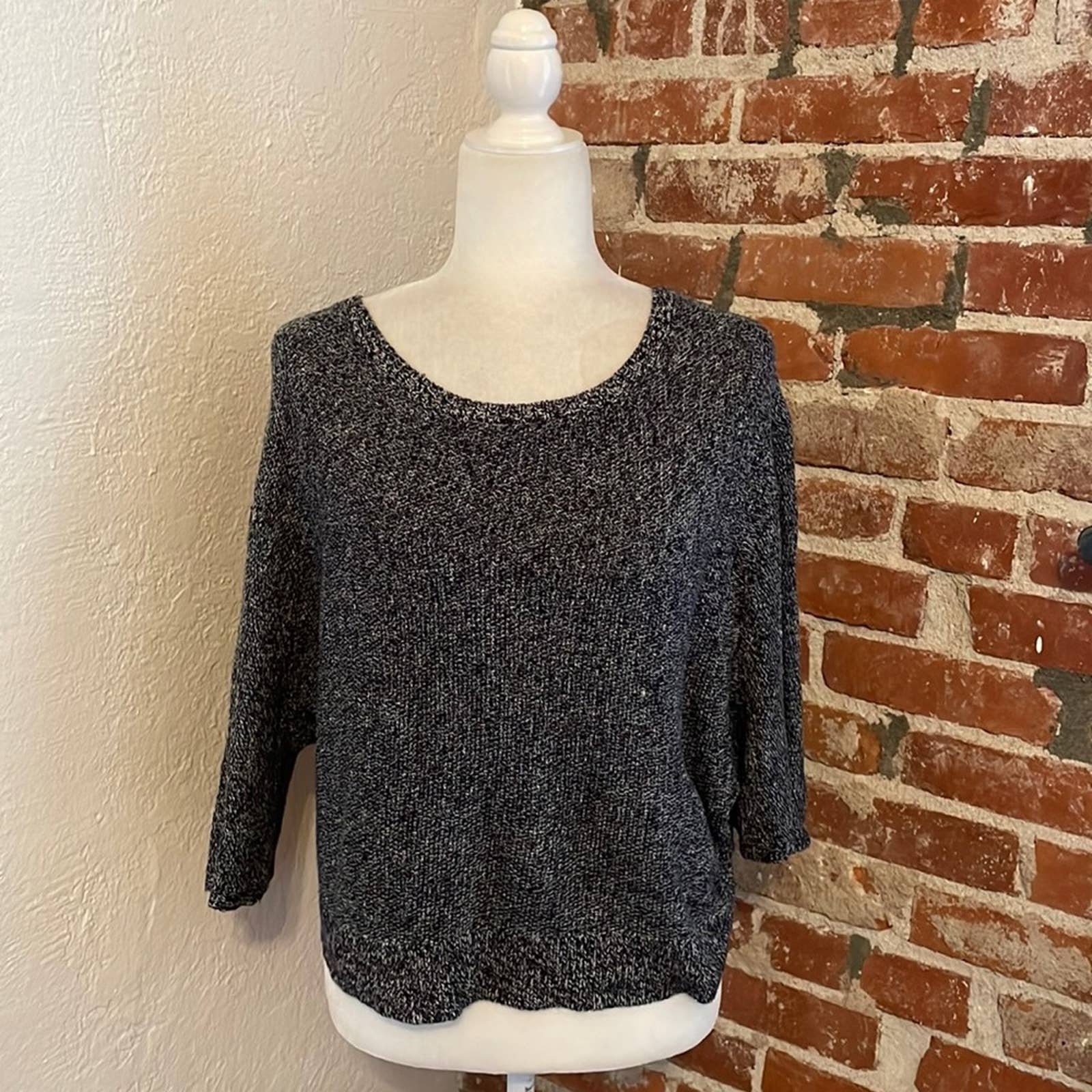 Free People Black Marled Knit 3/4 Wide Sleeve Drop Shoulder Sweater XS