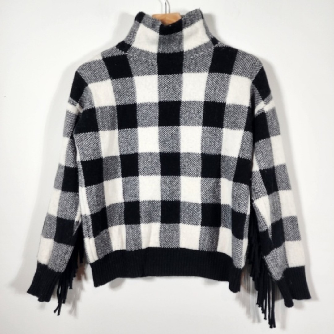 Lauren Ralph Lauren Buffalo Plaid Black and White Crew Neck Fringed Sweater Sz S