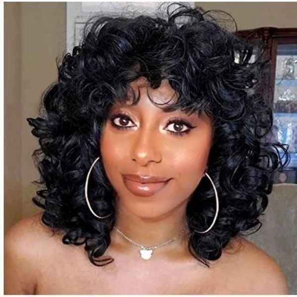 Kinky Curly Wigs With Bangs Black