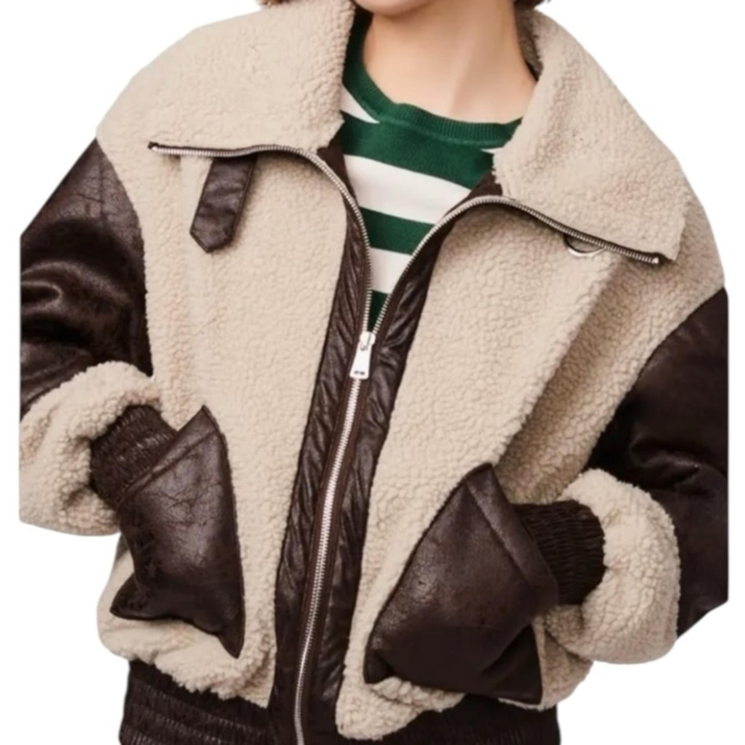 Mixed Media High Pile Fleece Bomber Jacket Sz L Tan Brown