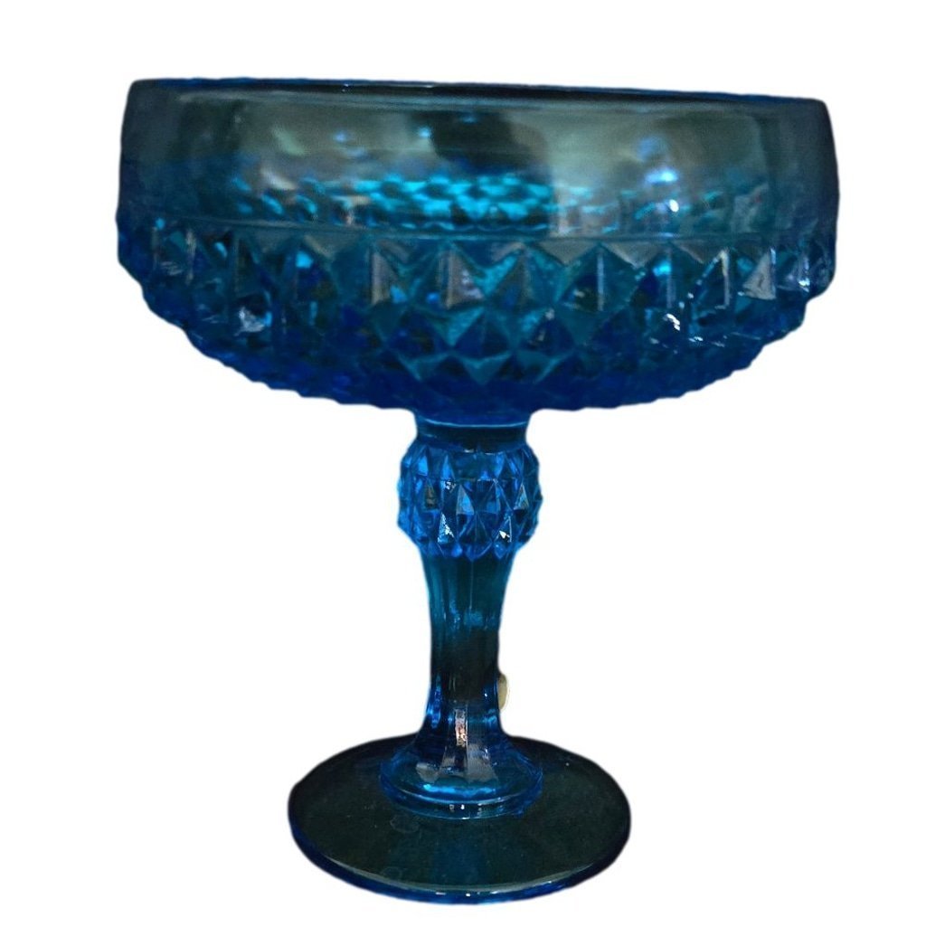 Vintage Indiana Blue Glass Pedestal Compote Diamond Point Candy Trinket Dish