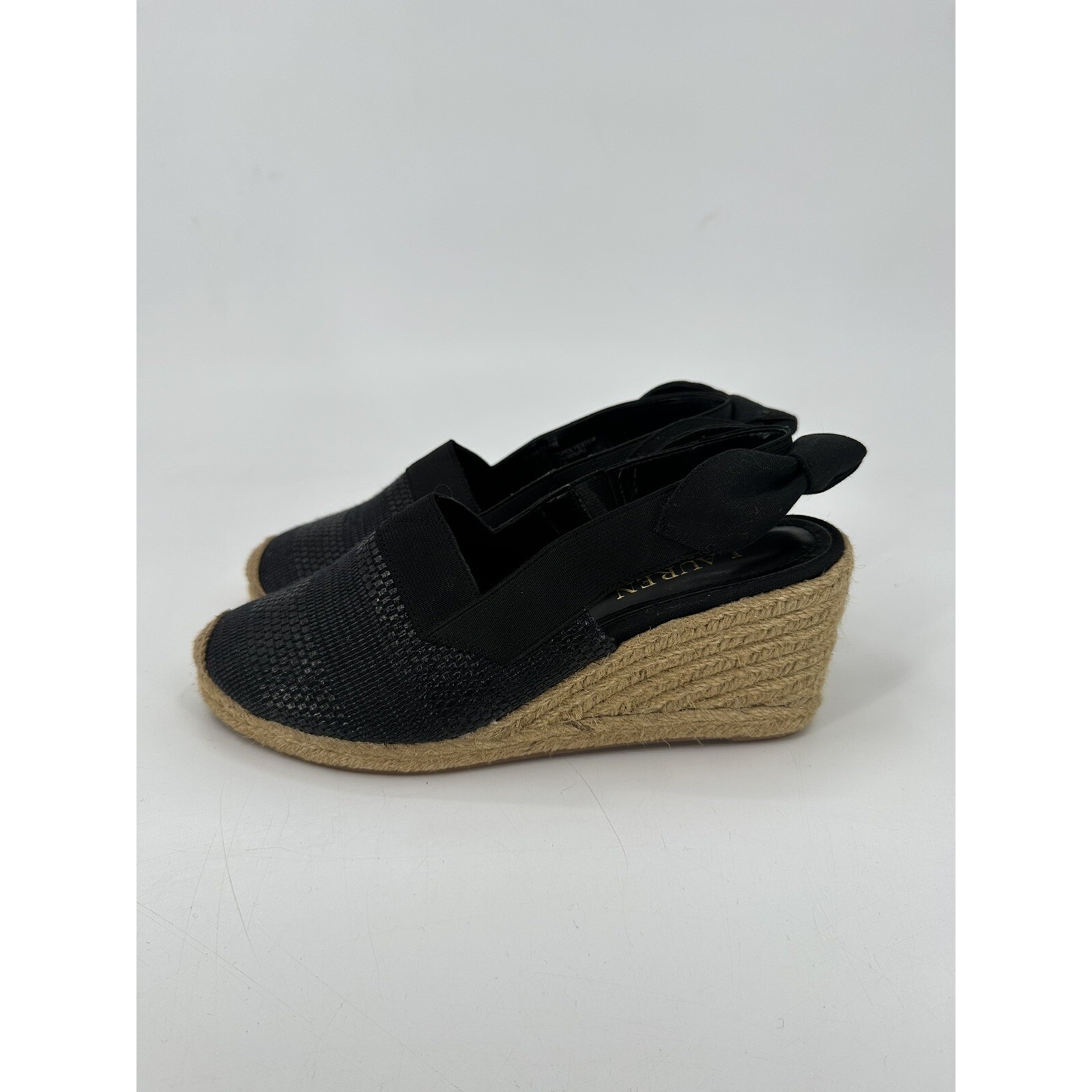 Lauren Ralph Lauren Helma Espadrille Wedge Sandal Women's 6.5 Black Bow Platform