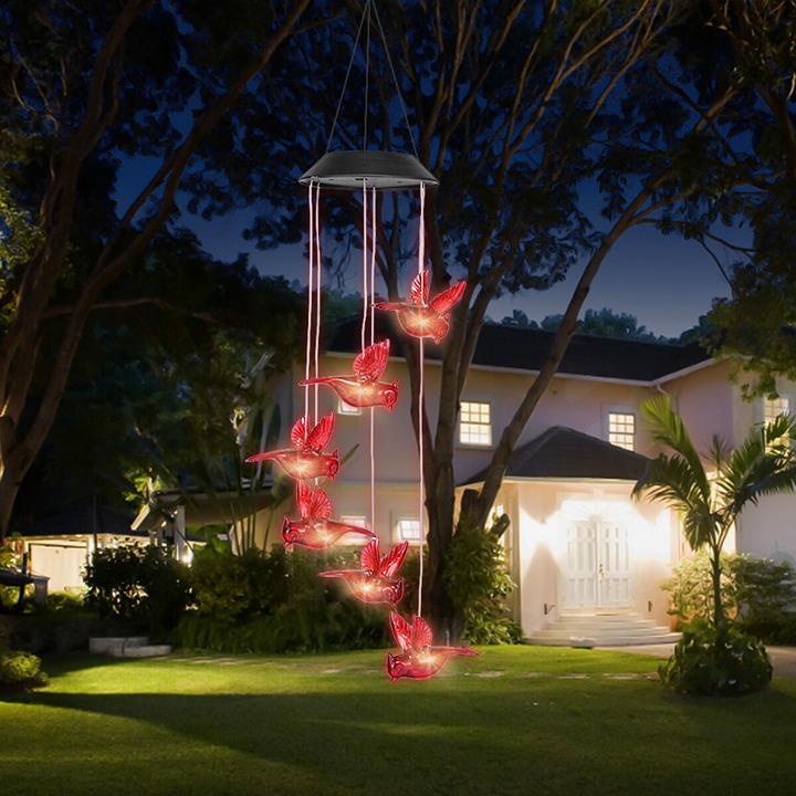 Solar Wind Chimes Lights LED Cardinal Red Bird Hanging Lamp Garden Home Decor