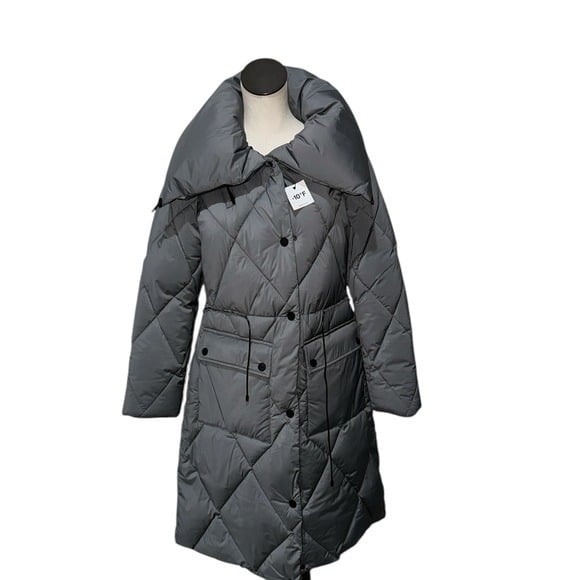 NWT320 DKNY Pillow Collar Diamond Quilt Long Puffer jacket oversize Collar XS